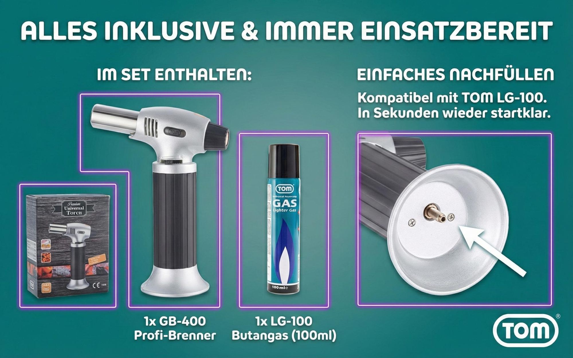 Flambierbrenner Crème Brulée Brenner Küchenbrenner Set | mit 1 x 100ml Gas Kartusche | 1300°C | Piezozündung Flambierer Gasbrenner TOM GB-400