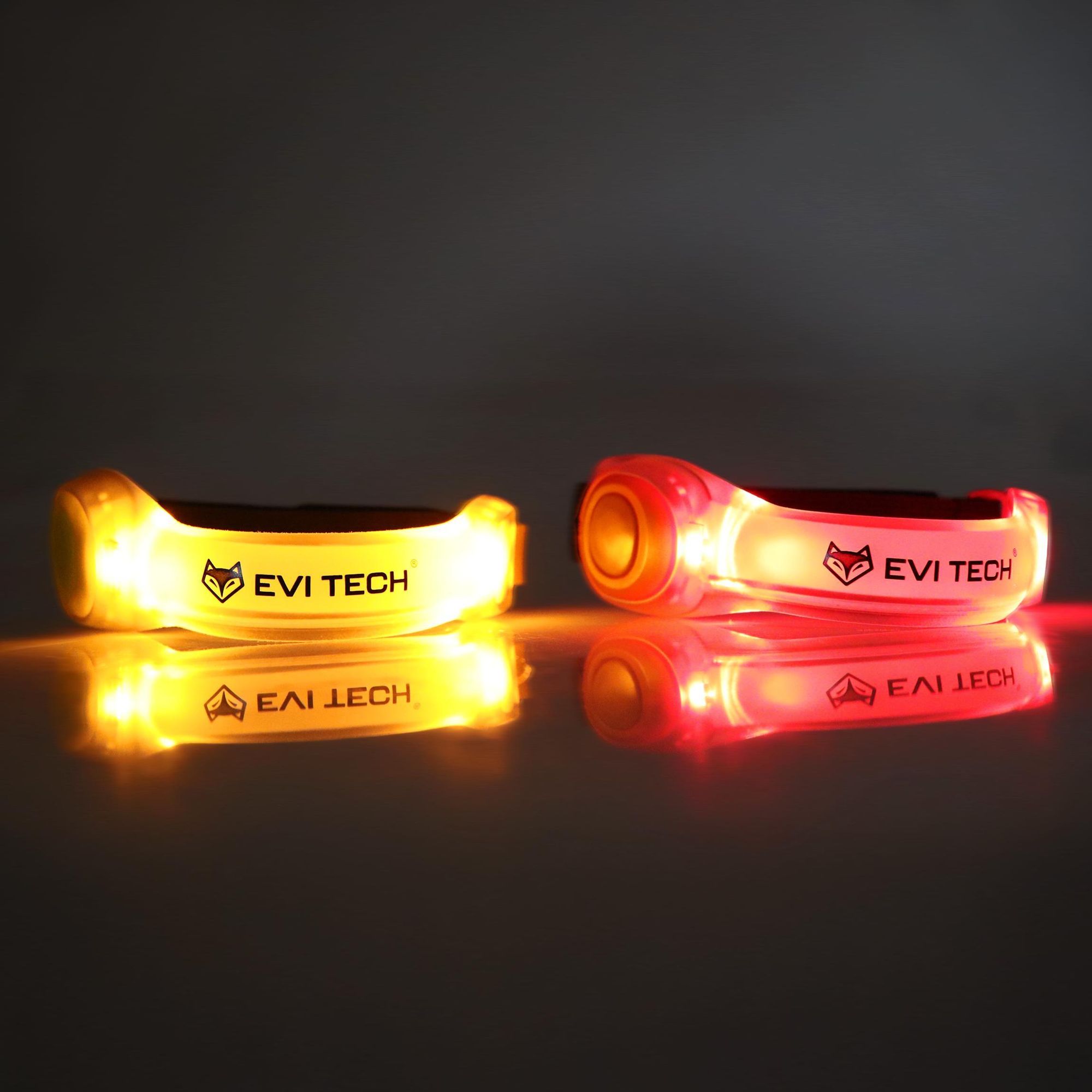 LED Leuchtarmband 2er Set (Gelb & Rot), Wasserdichtes Reflektorband für Laufen & Fahrrad, Sicherheitslicht mit Batterien, EVI TECH ActiveGlow
