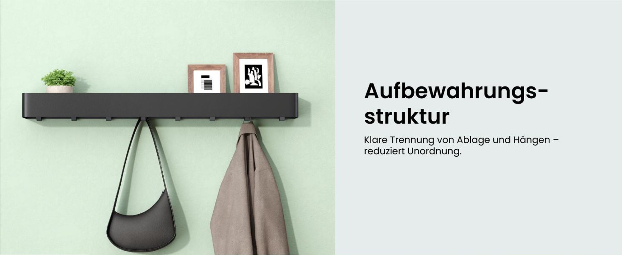 Mai & Mai Wandgarderobe mit Ablage und 8 Haken, Garderobenleiste 80 cm zur Wandmontage, Kleiderhaken für Flur, Badezimmer Sandschwarz Reglo-05