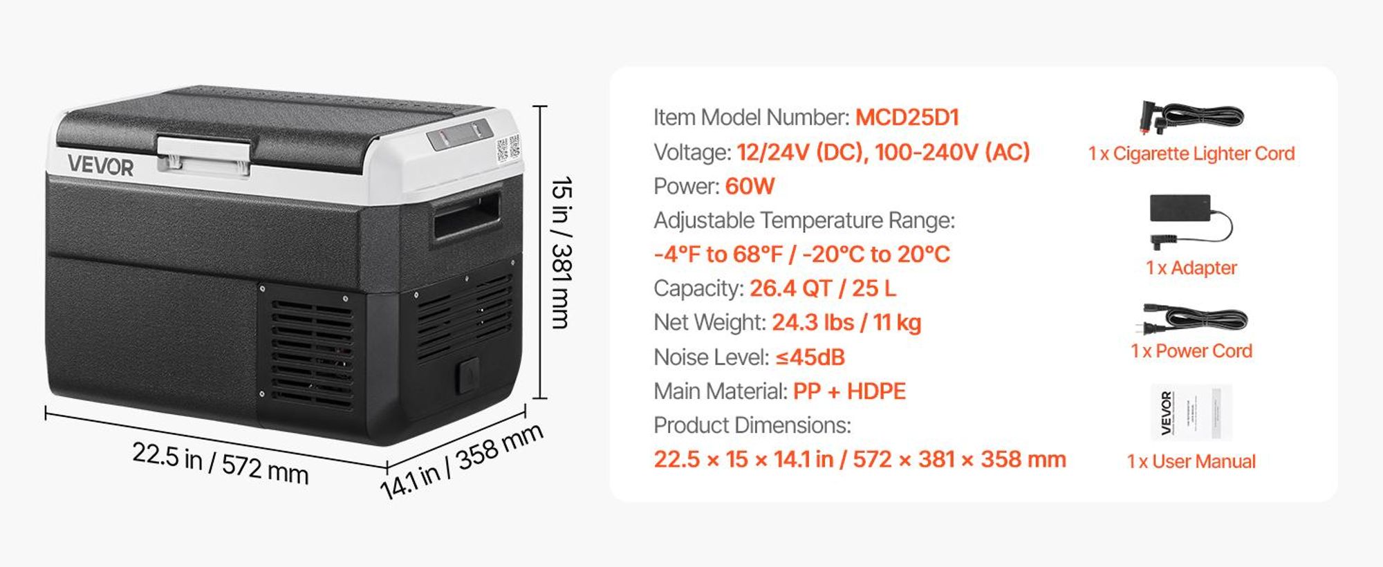 VEVOR Kompressor Kühlbox 25 L, Tragbarer Autokühlschrank mit Einstellbarer Temperatur & App-Steuerung, Kühlschrank 12/24 V DC und 100–240 V AC für Outdoor Camping Reisen und Wohnmobile