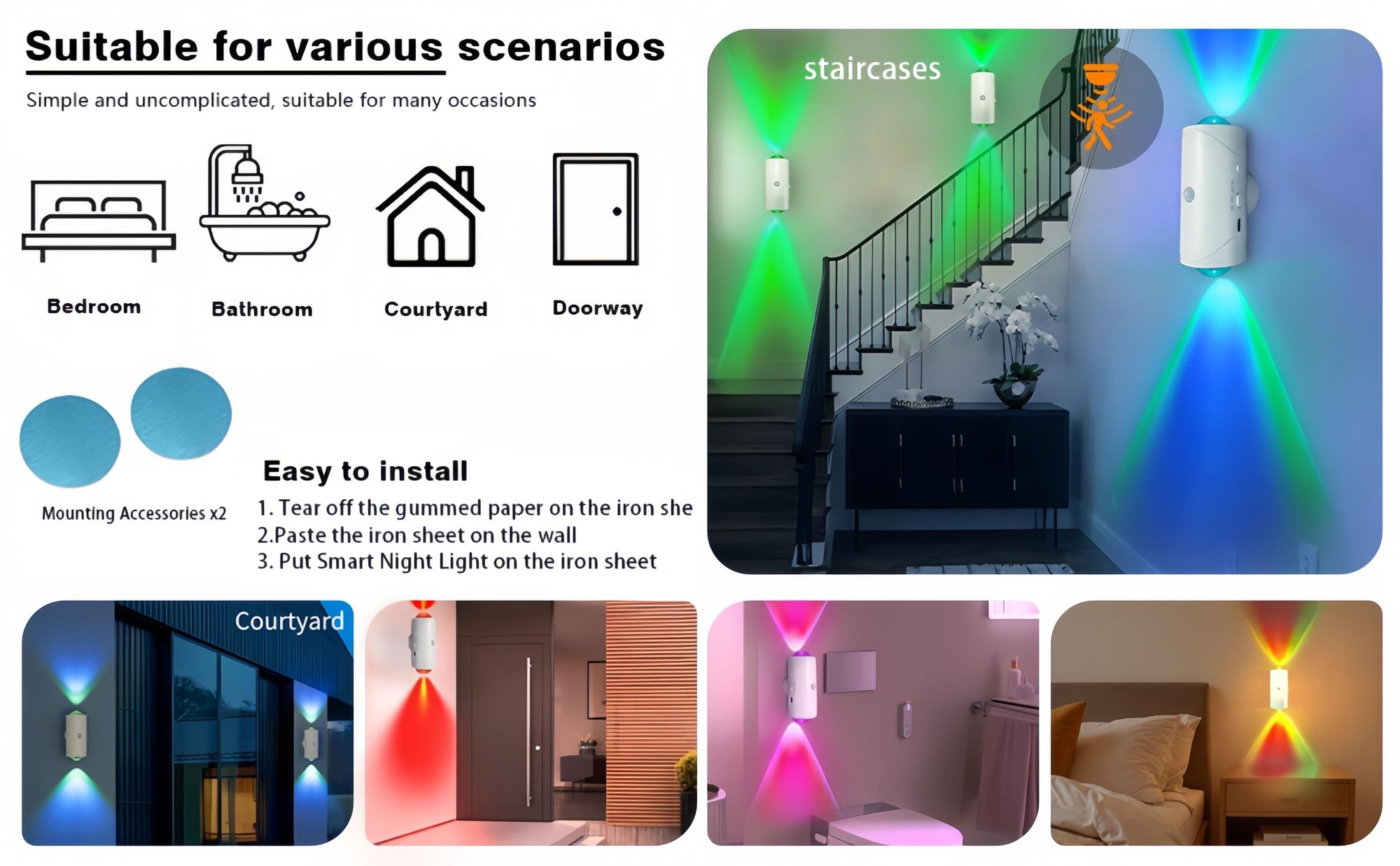 2x RGB Wandleuchte mit Bewegungsmelder & Farbverlauf,kabellos,7 Farbwechsel,USB-C,Magnethalterung -Für Wohnzimmer,Flur,Zimmer,Nachtlicht &Schranklicht