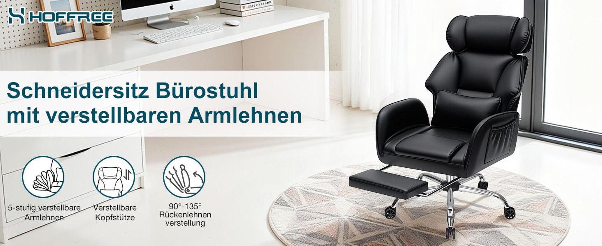 HOFFREE Ergonomischer Bürostuhl mit Rollen, Breiter Sitz, Umklappbare Armlehnen, Fußstütze, Schreibtischstuhl bis 200 kg belastbar, Schwarz