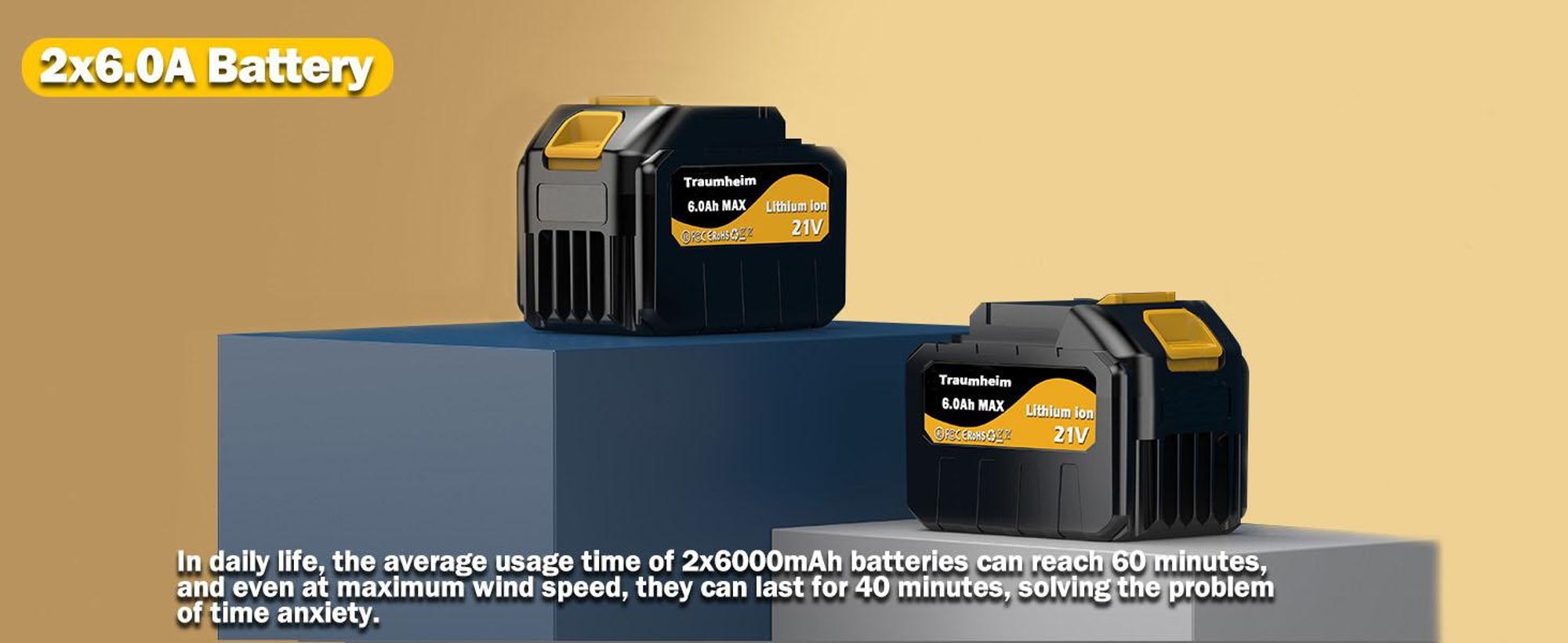 Akku Laubbläser mit 2× 6000mAh Akkus & Ladegerät, 5+1 Turbo-Stufen, Bürstenloser Motor Elektrisches Laubbläser für Garten, Auto & Terrasse