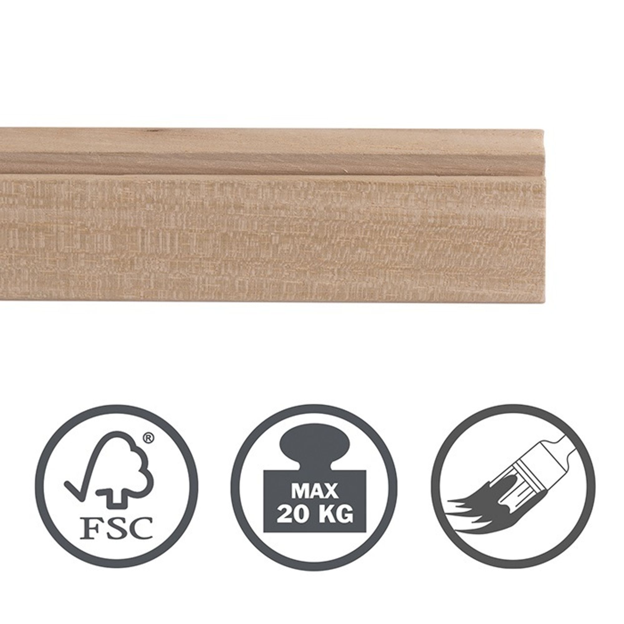 STAS Bilderschiene aus Holz – Bilderaufhängesysteme / Fotorahmen / Poster – Aufhängeschienen – Riva 120 cm + Riva Haken + Perlonseil mit Ösen 150 cm + Zipper Bilderhaken (komplettes Set)