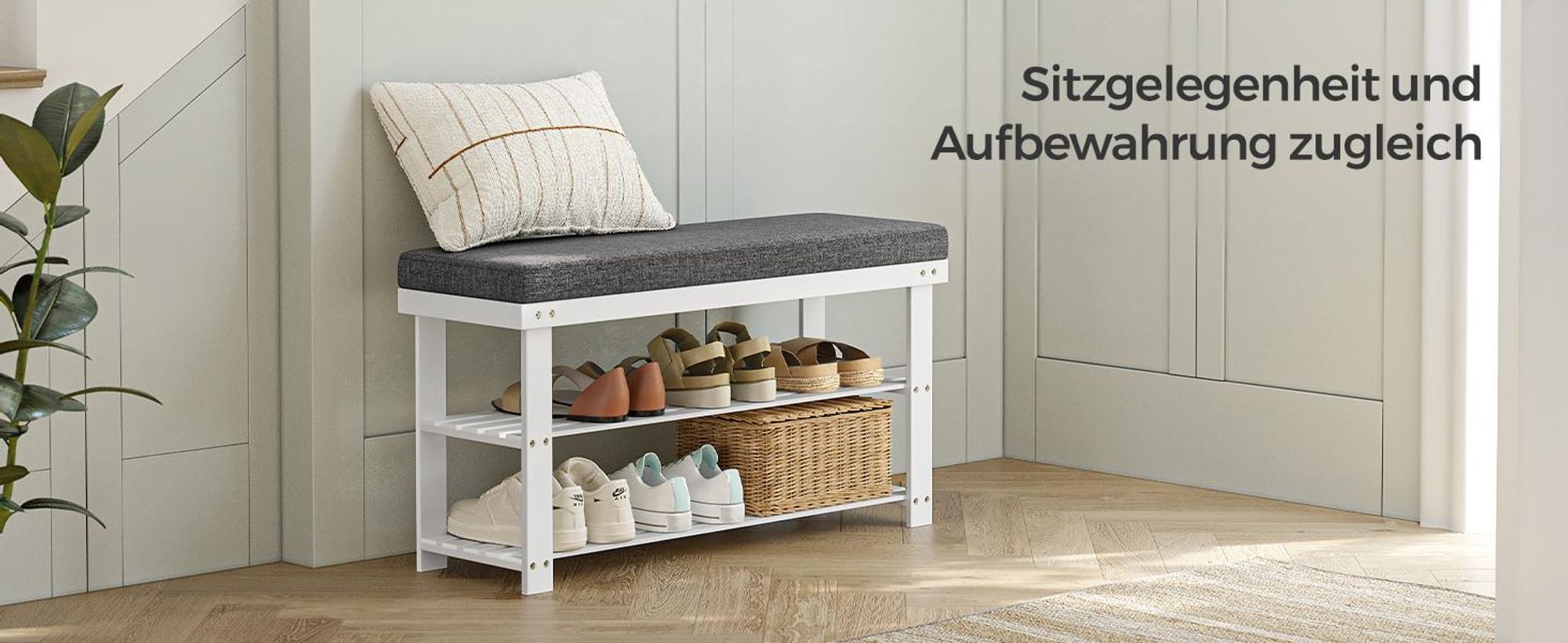 SONGMICS Schuhbank aus Bambus, Schuhregal, 29 x 90 x 49 cm