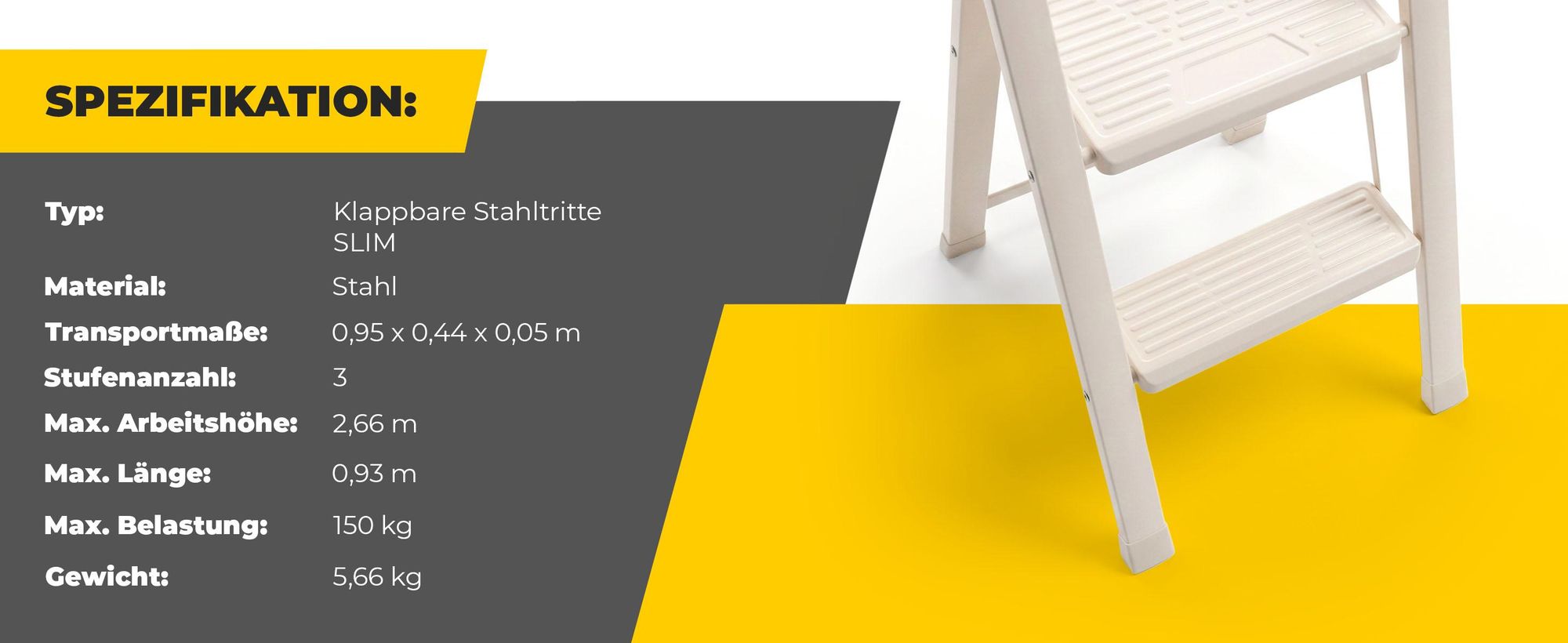 Drabest | Leiter 3-stufige Klappbare - Höhe 2,66 M - Max. Belastung 150 Kg - Antirutschstufen - Cremefarben