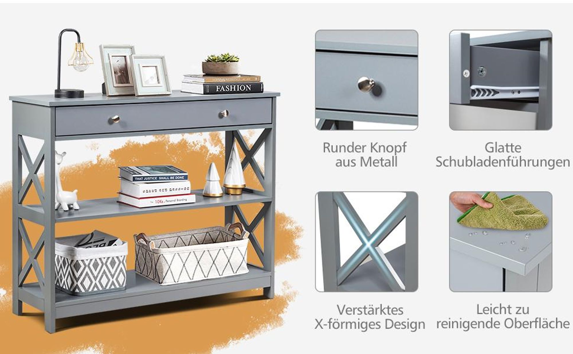COSTWAY 3 Ebenen Konsolentisch mit Schublade, Flurtisch Holz, Standregal, Beistelltisch, Sofatisch, Flur, Wohnzimmer, 100 x 30 x 80 cm Schwarz