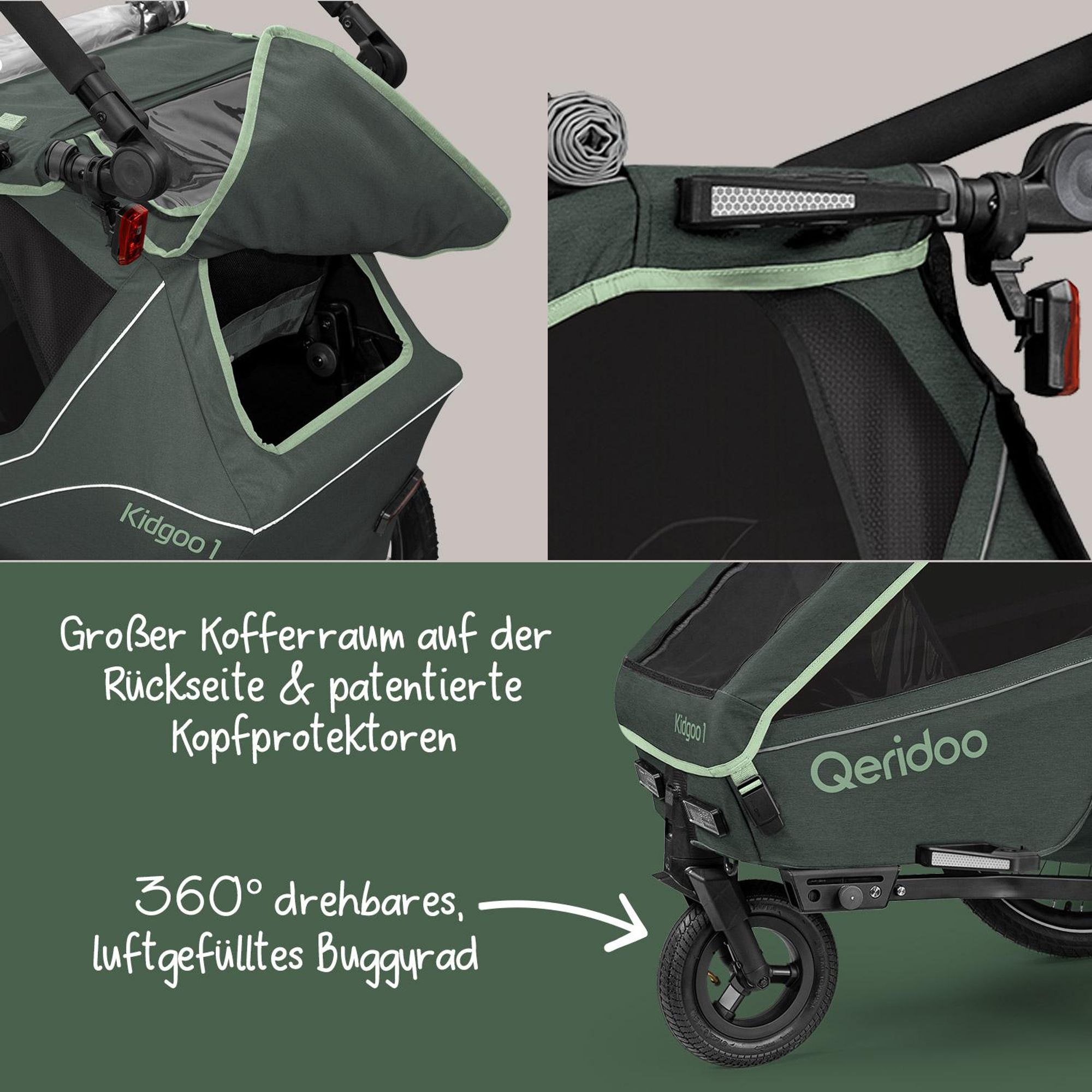 Qeridoo Kidgoo 1 - Kinderfahrradanhänger für 1 Kind, Farbe: Forest Green