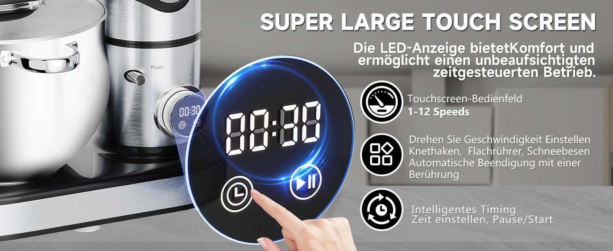 HOMELUX 2500W Küchenmaschine Multifunktional Knetmaschine, 12L Knetmaschine inkl 4-Teiligem Patisserie-Set und Spritzschutz, 12 Geschwindigkeit
