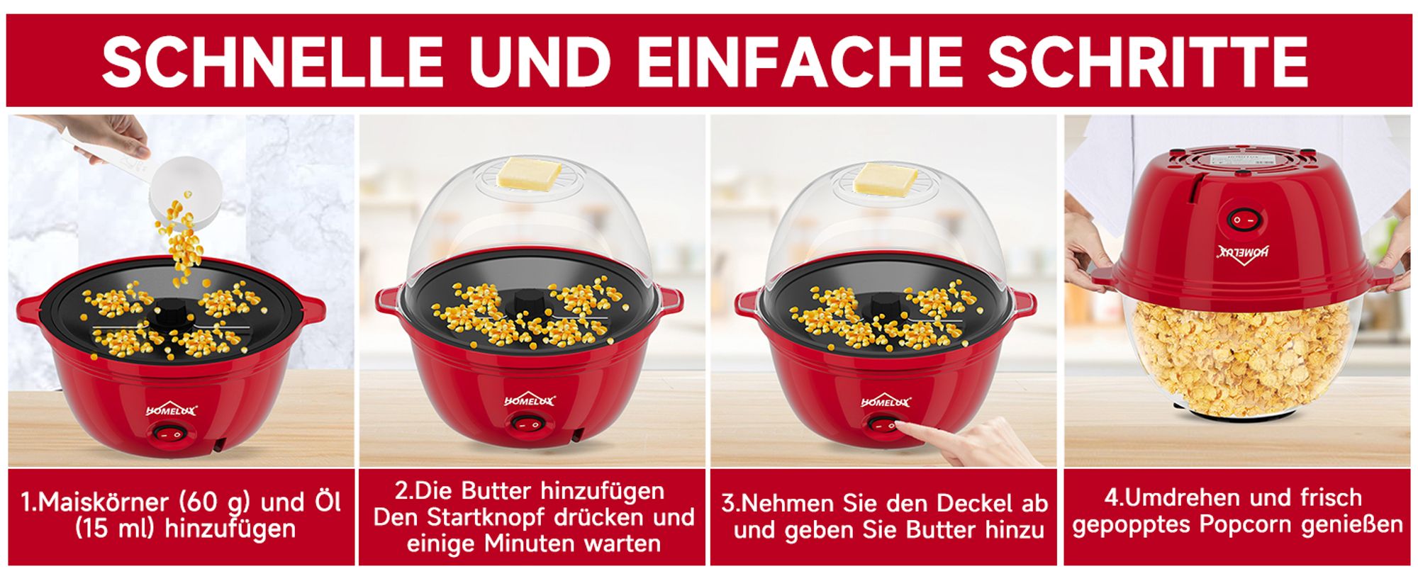 HOMELUX Popcornmaschine Popcorn Maker 450W Mini Popcorn Maschine inkl. Messlöffel Antihaftbeschichtung Gesunder Snack Popper Ohne Fett Öl Für Zuhause