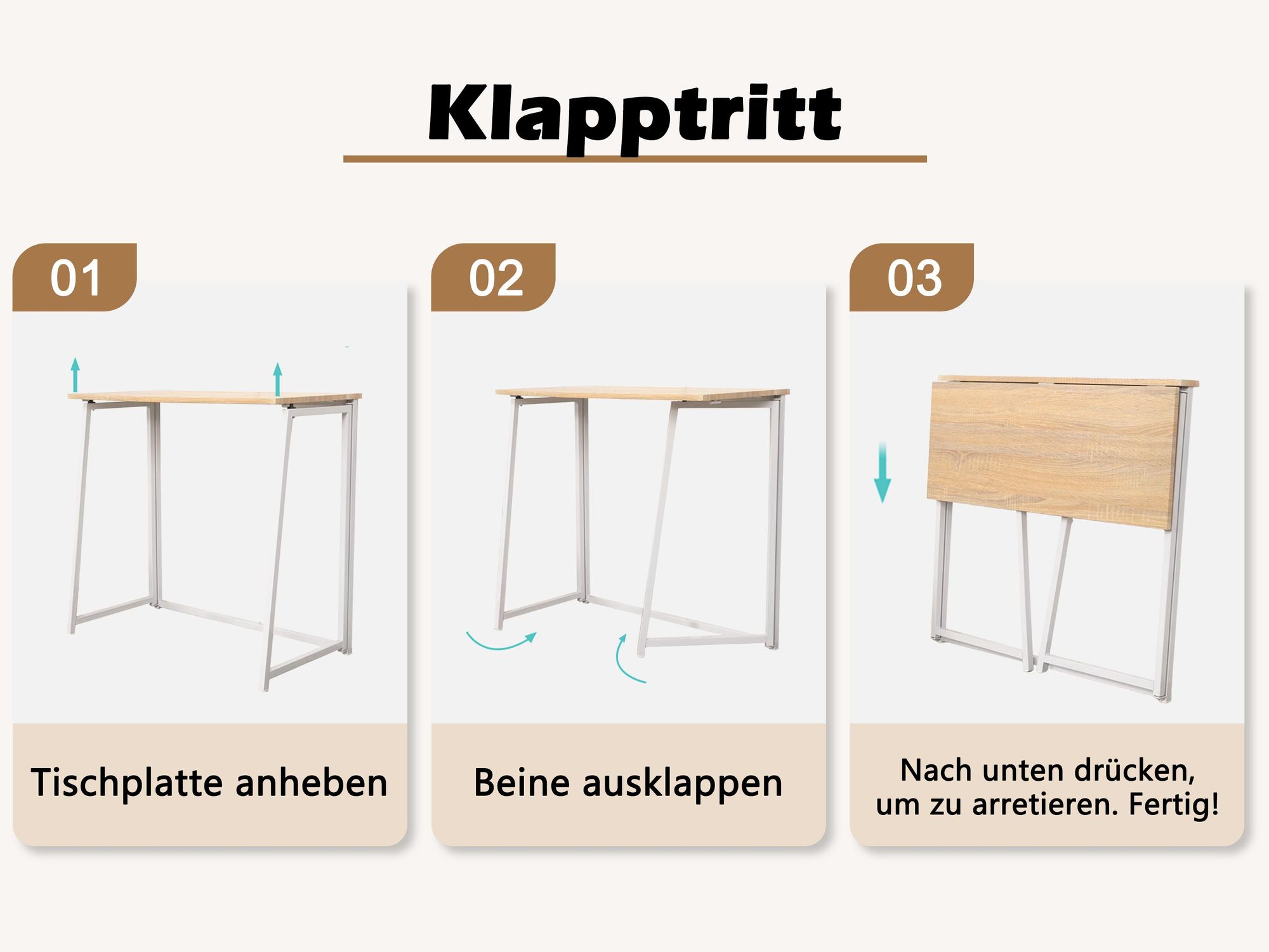 Meubles Cosy Industrieller Klappschreibtisch / Computertisch aus Eiche und weißem Metall - ASCOLI