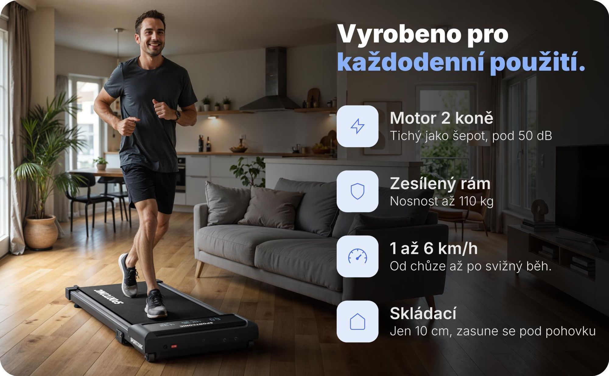 Sportconic Walking Pad chodící pás pro domácnost & kancelář – tichý, s 6 % sklonem, úsporný, LED displej