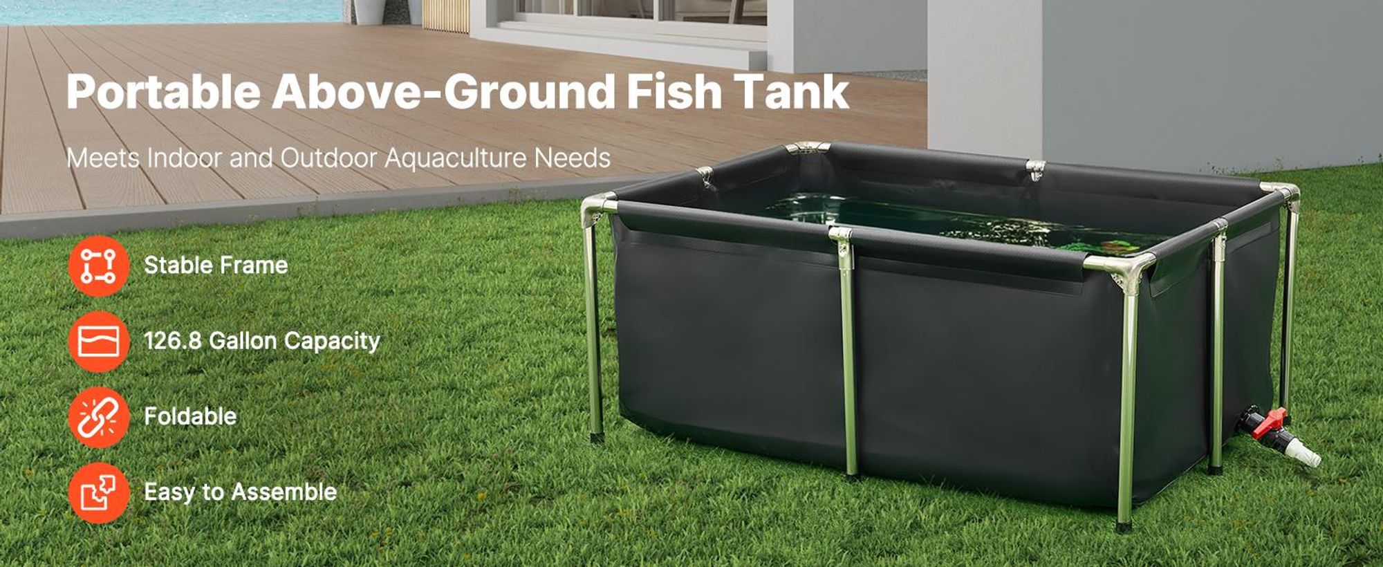 VEVOR Fischteich aus Segeltuch, 480 L Fischtank, faltbares PVC-Koi-Aquarium, Fischbecken mit stabilem Rahmen & Ablassventil, für Aquakultur, Koi-Zucht & Bewässerung 1200x800x500 mm