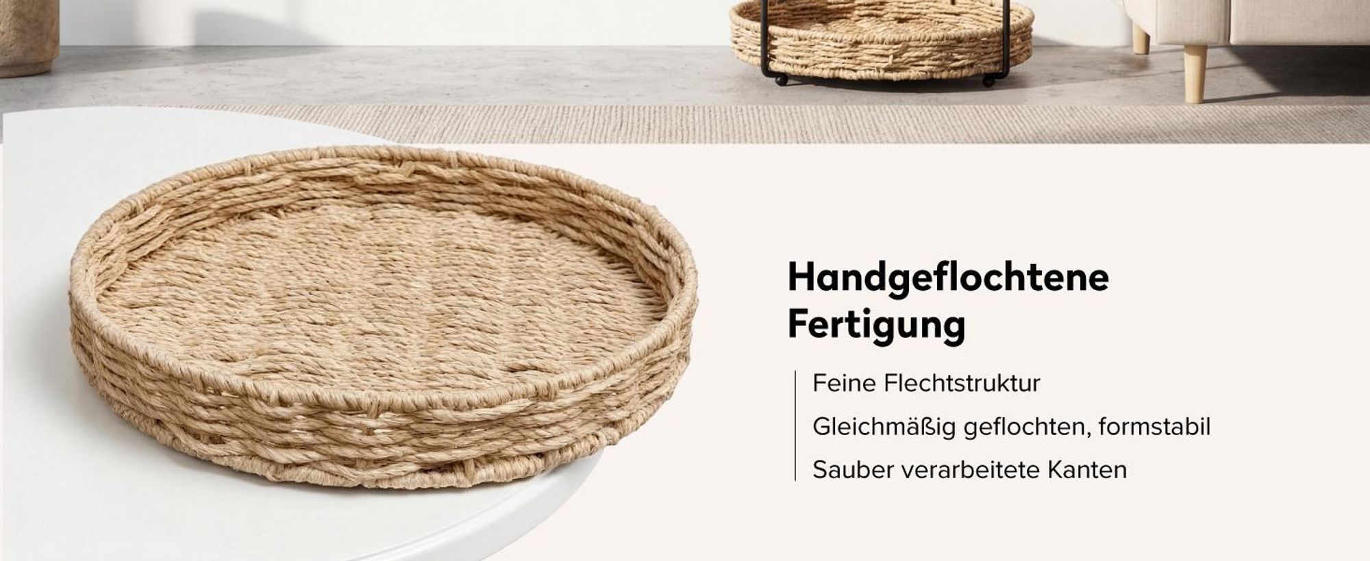 doporro Beistelltisch rund, Kleiner Tisch, Couchtisch rund mit 1 geflochtenen Ablagen aus natürlichem Papierseil,37 x 55 cm, Weiß Reglo-08