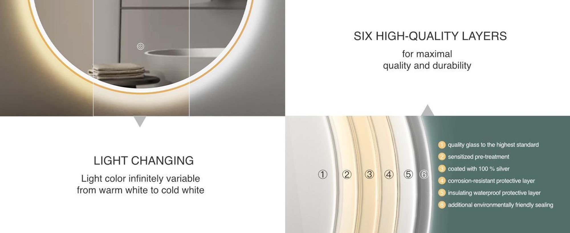 Miroir de salle de bain LED rond HOKO, diamètre 80 cm, avec cadre doré, fonction anti-buée, interrupteur tactile, mémoire, variation de couleur de 2700 à 6500 K, indice de protection IP44, couleur Marsala
