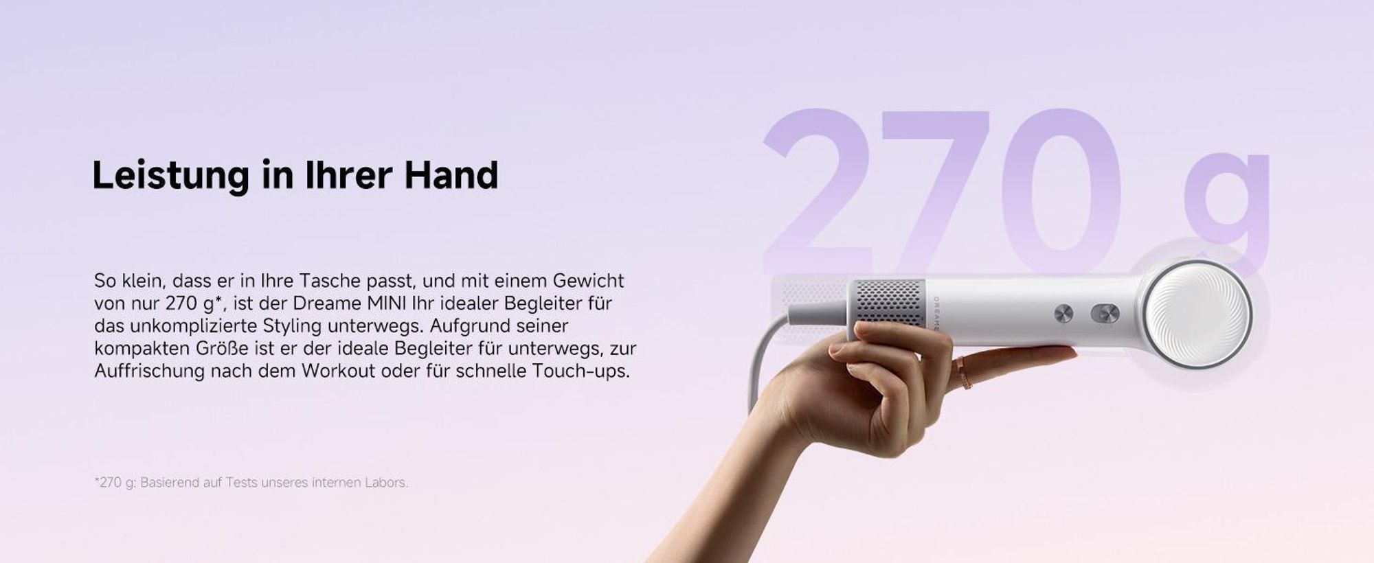 Dreame Mini Hochleistungs-Haartrockner,270g leicht,schnelltrocknend Fön,100K U/min Motor,NTC-Temperaturregelung, Negativ-Ionen,5 Steuerungsmodi,Weiß