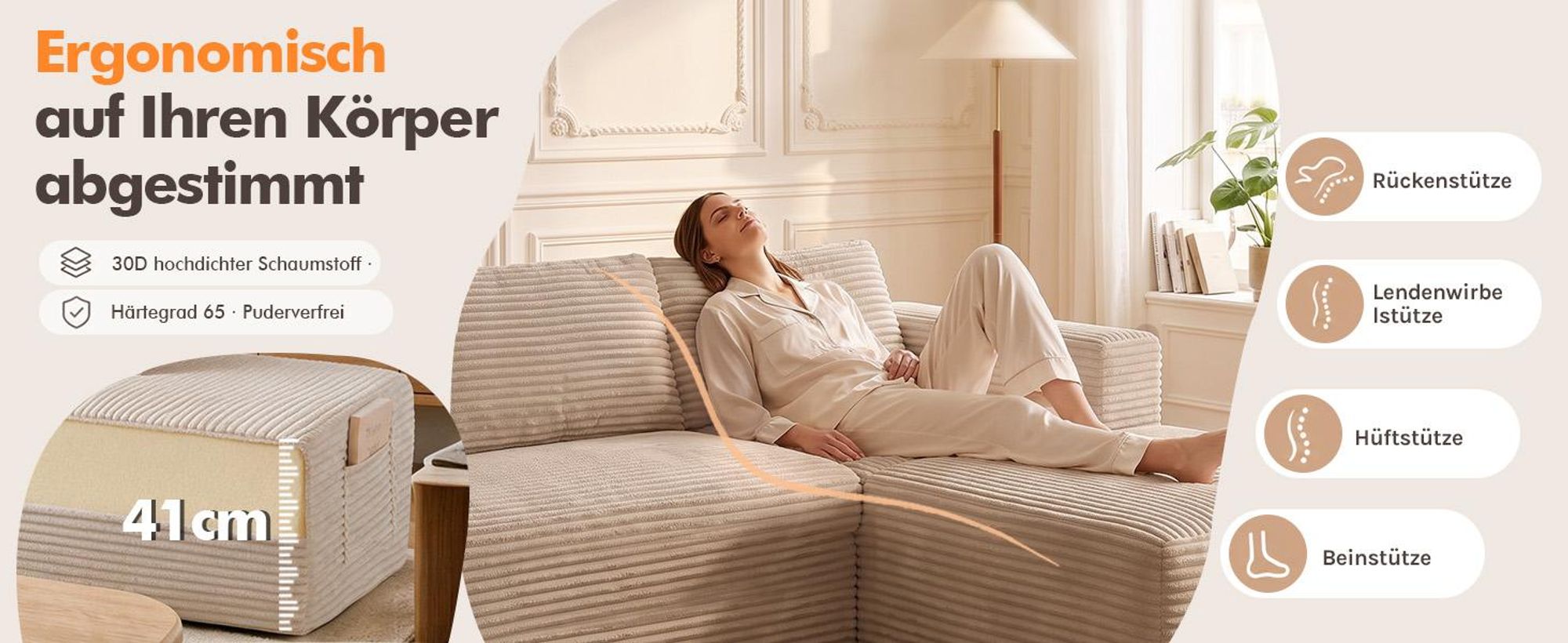 COMHOMA Ecksofa mit Schlaffunktion, 228cm Corduroy Modulares Boneless Couch mit Chaiselongue & Rücken-Metallgestell, L-Form Schlafsofa mit offenem
