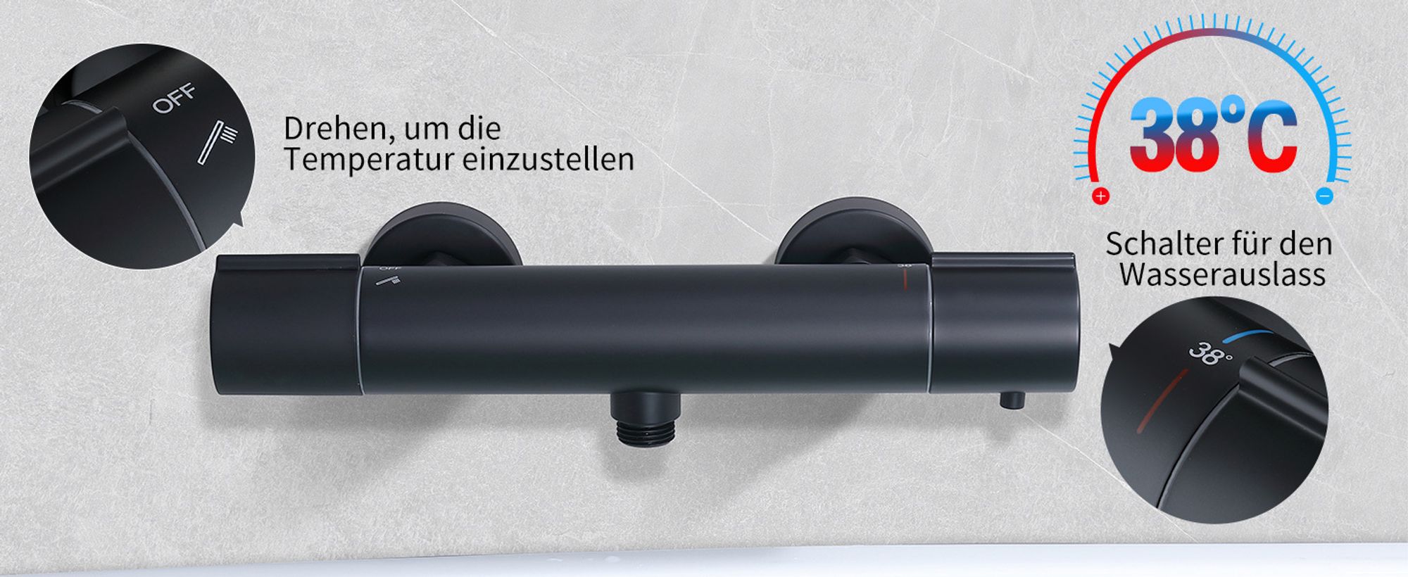 Duscharmatur mit Thermostat,Schwarz Mischbatterie Dusche mit 38°C Sicherheitstaste,Duschthermostat Armatur Edelstahl,Duscharmaturen Brausethermostat