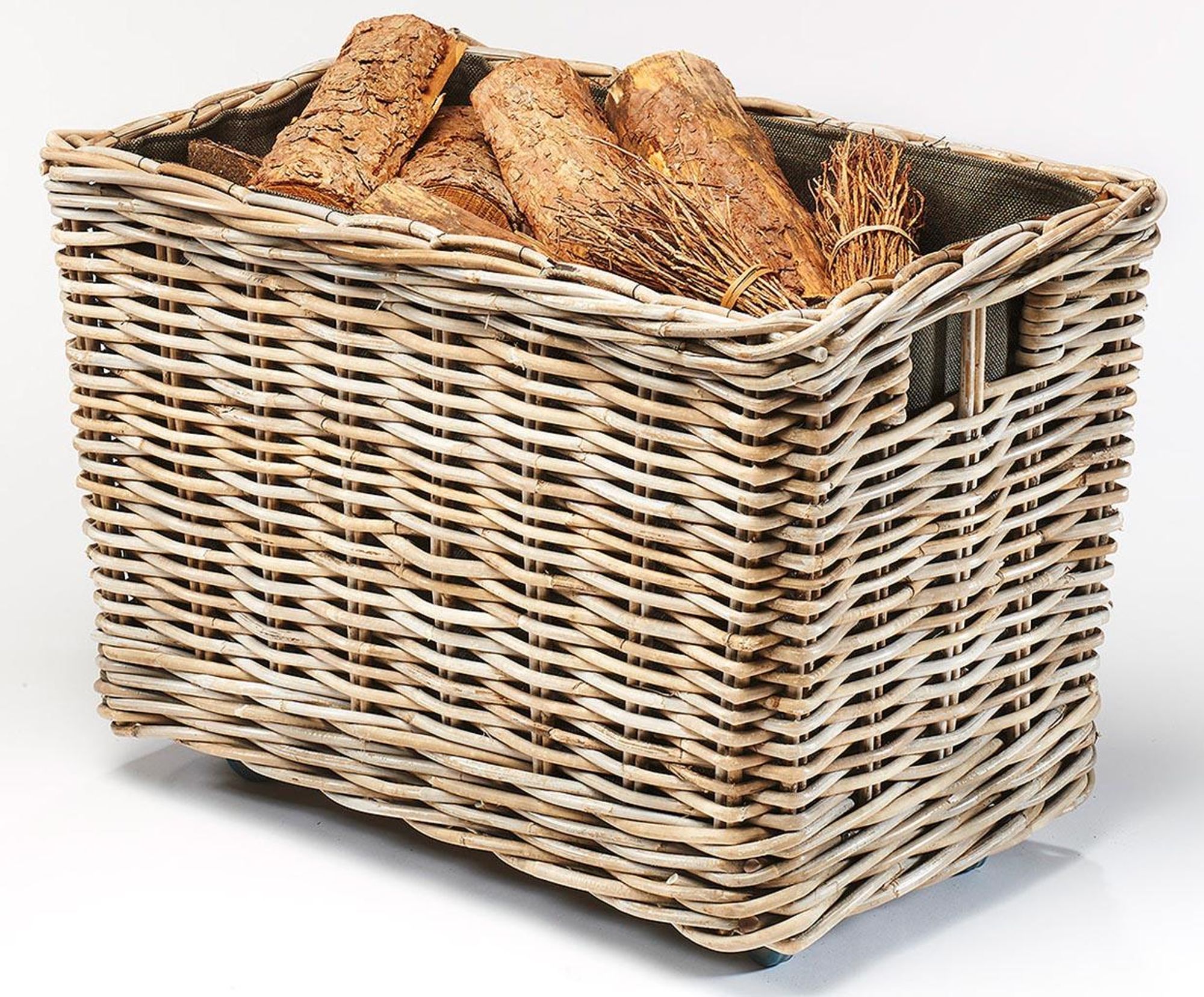 Kobolo Kaminholzwagen mit Rollen Rattan - Innenfutter aus dunklem Stoff | Brennholzkorb Feuerkorb Holzkorb Kaminholzkorb Ofenholzkorb Universalregal