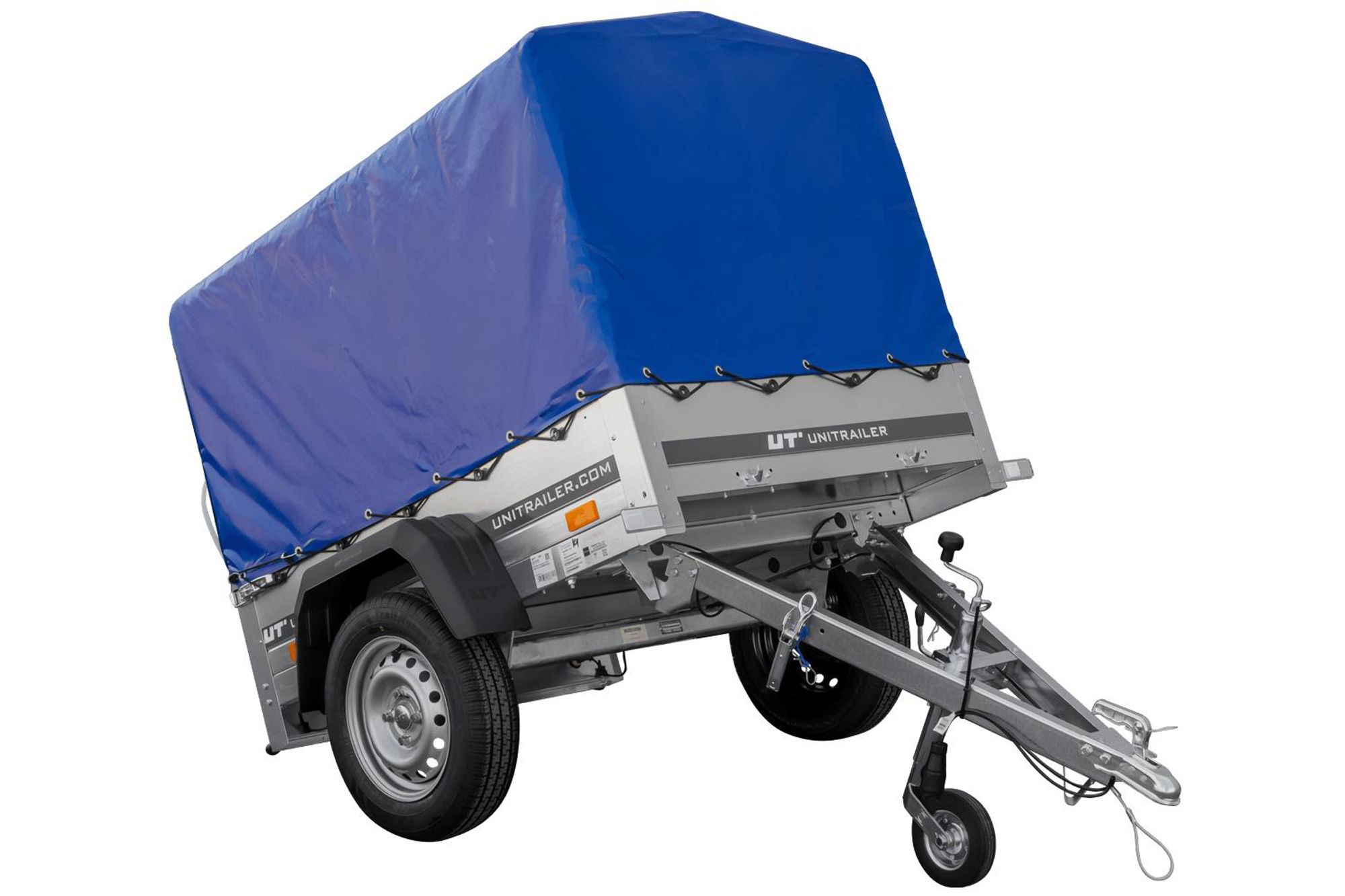 Anhänger 150 KIPP 150x106 cm [mit blauer Hochplane, Hochspriegel und Stützrad]