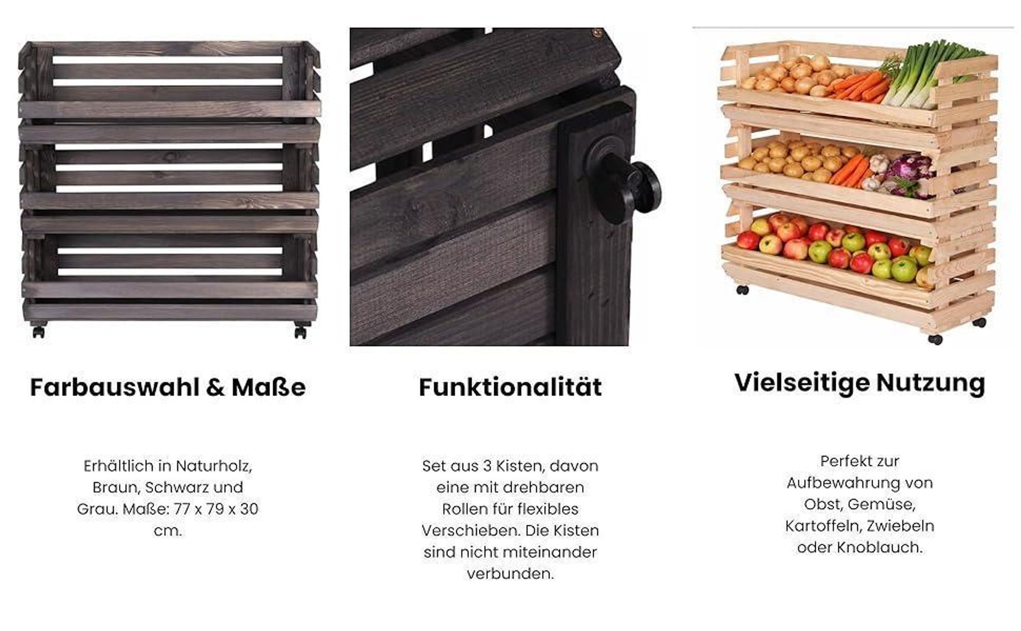 STOLMAK Obstkiste aus Holz mit Rollen – 3 Etagen – 77x79x30 cm – Aufbewahrung für Obst & Gemüse – Stapelbar – Holzkiste Regal mit Körben