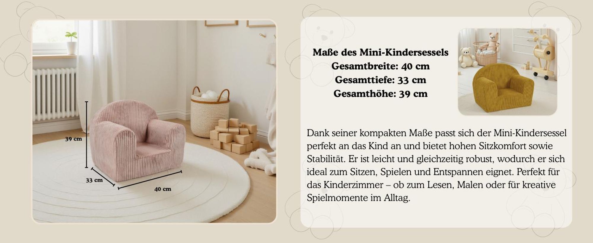 Mini Kindersessel Cord Hellgrau – Kinder Sessel mit abnehmbarem Bezug, Waschbar, Kuschelsessel für Kinder