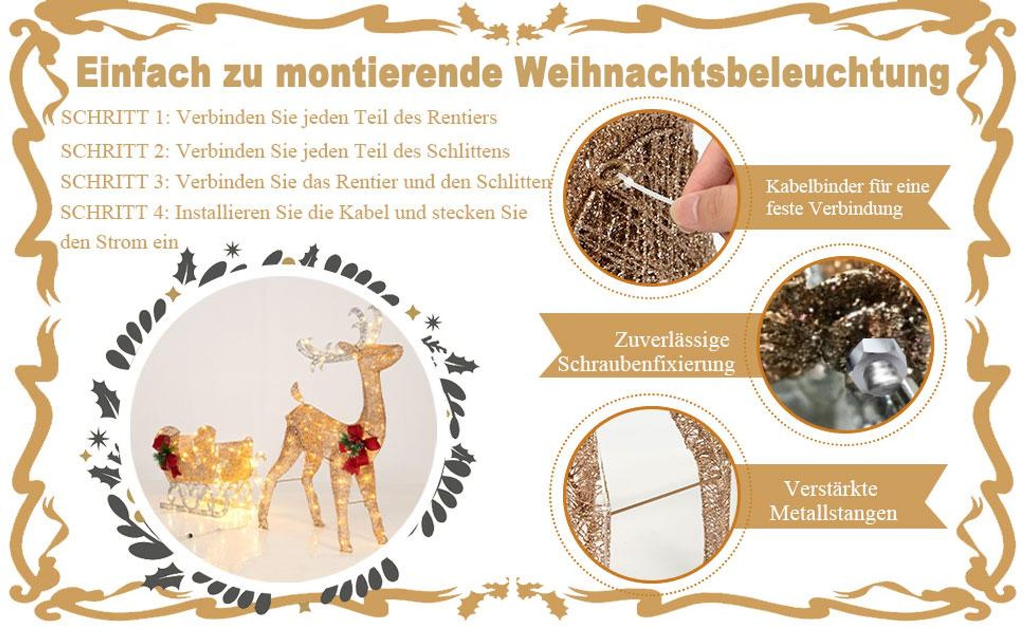 COSTWAY LED-Rentier mit Schlitten & 100 warmweißen Lichtern, beleuchtete Rentier Weihnachtsfigur, Weihnachtsdeko Weihnachtsbeleuchtung Außen & Innen