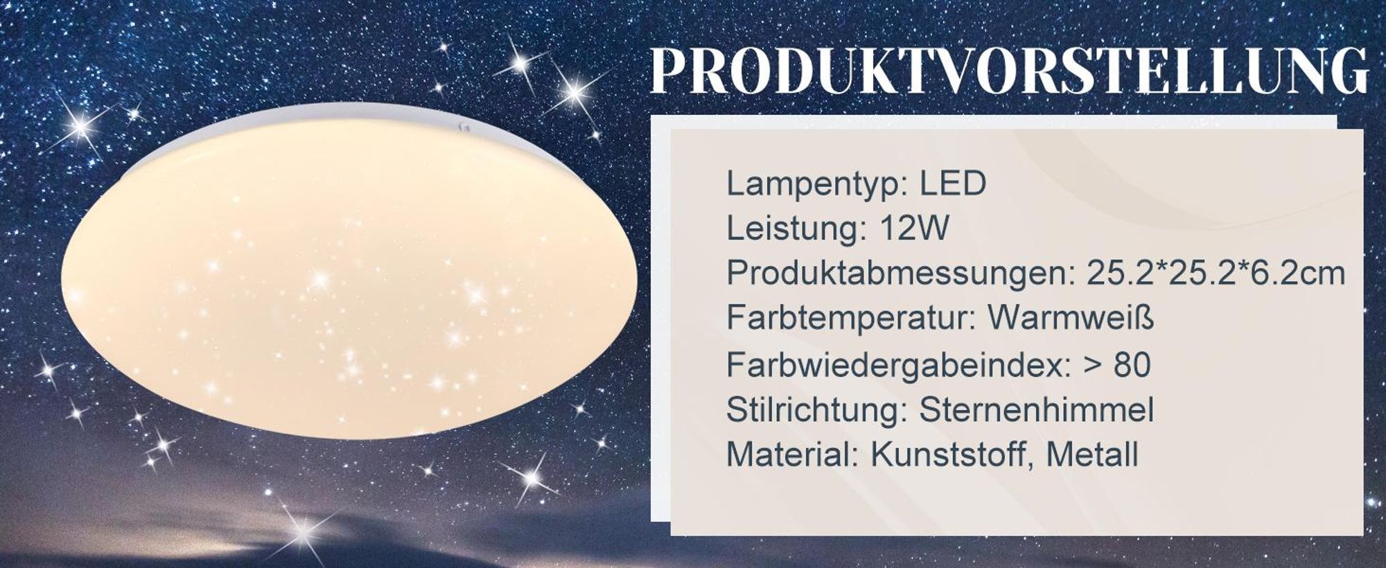 ZMH LED plafondlamp, slaapkamer, ronde plafondlamp, 25 cm, sterrenhemel, warmwit, 12W, 3000K, plafondverlichting voor keuken, kantoor, kinderkamer, hal, kelder