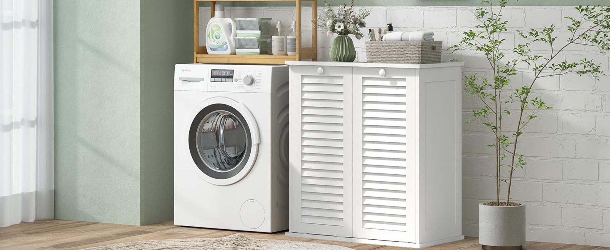 HOMCOM Wäscheschrank, Badschrank mit 2 Wäschekörben, Griffen, Lamellentüren Weiß