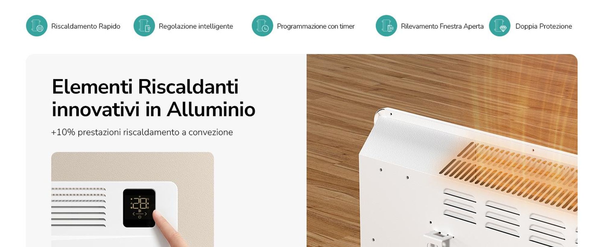 Riscaldatore convettore EMKE 2000 W con WiFi e app, radiatore elettrico a risparmio energetico, riscaldamento a parete e apparecchio a pavimento con rotelle, timer 24/7, bianco