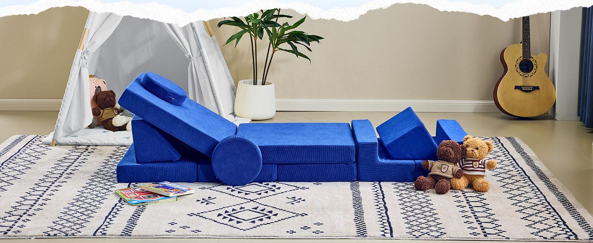 FCH Kindersofa, Multifunktionaler Spieltisch, Puzzle Sofa, 12 in 1, Spielsofa, Kindersessel, für Kinder Spielzimmer, frei baubares, DIY, Kordsamt,Blau