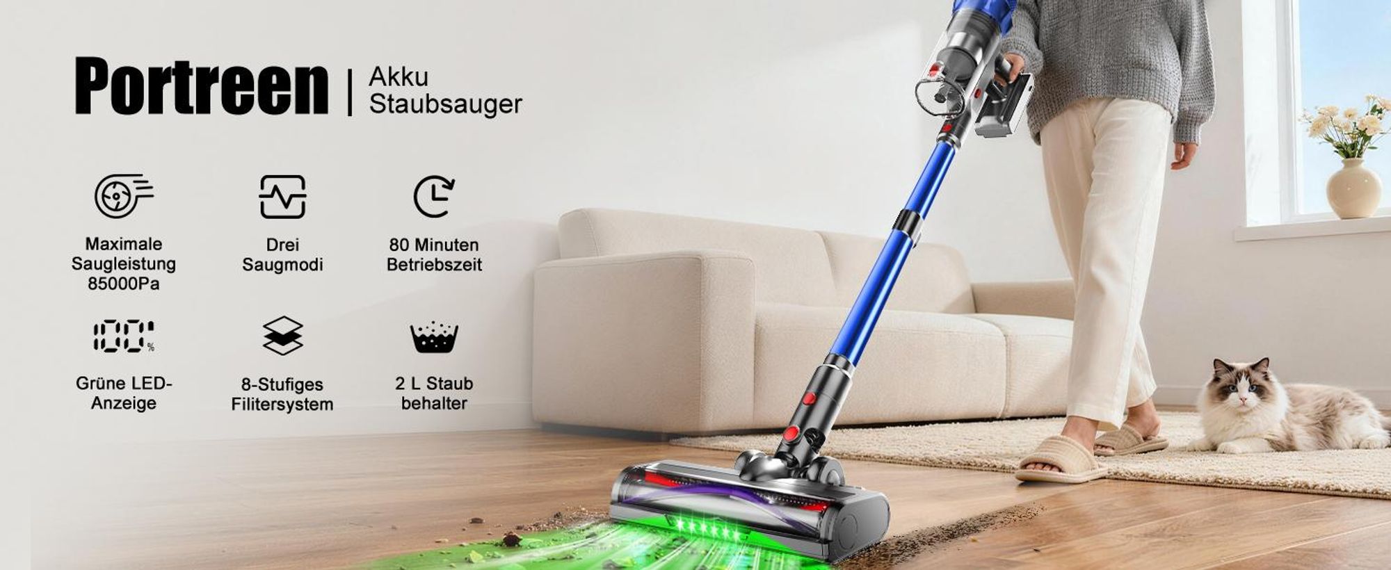 Portreen Akku Staubsauger, 85000Pa Staubsauger kabellos mit Touchscreen, Haustierbürste, Schlauchbürste, HEPAx4, 2L, 80Min, Anti-Tangle-Staubsauger