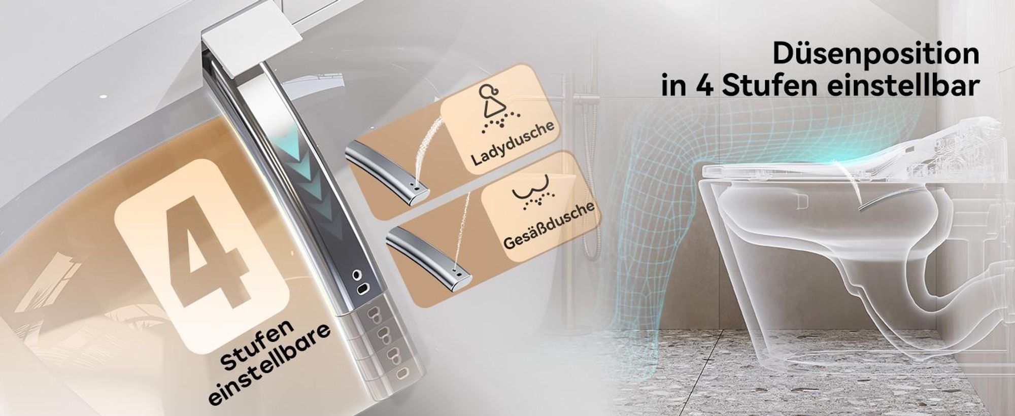 Intelligenter Smart Toilettensitz WC Bidet mit Mehrere Duschmodi, Dusch WC Sitz, Beheizter Toilettensitz, Geruchsneutralisation, Warmlufttrocknung