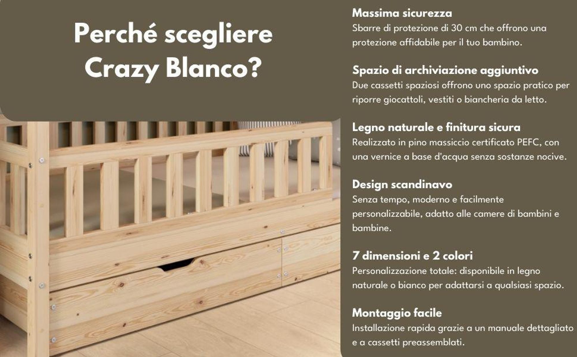 Crazy Pine Letto a Casetta con Cassetto 90x190 cm – Letto Montessori da Pavimento in Legno Naturale – Contenitore Integrato – Crazy Blanco