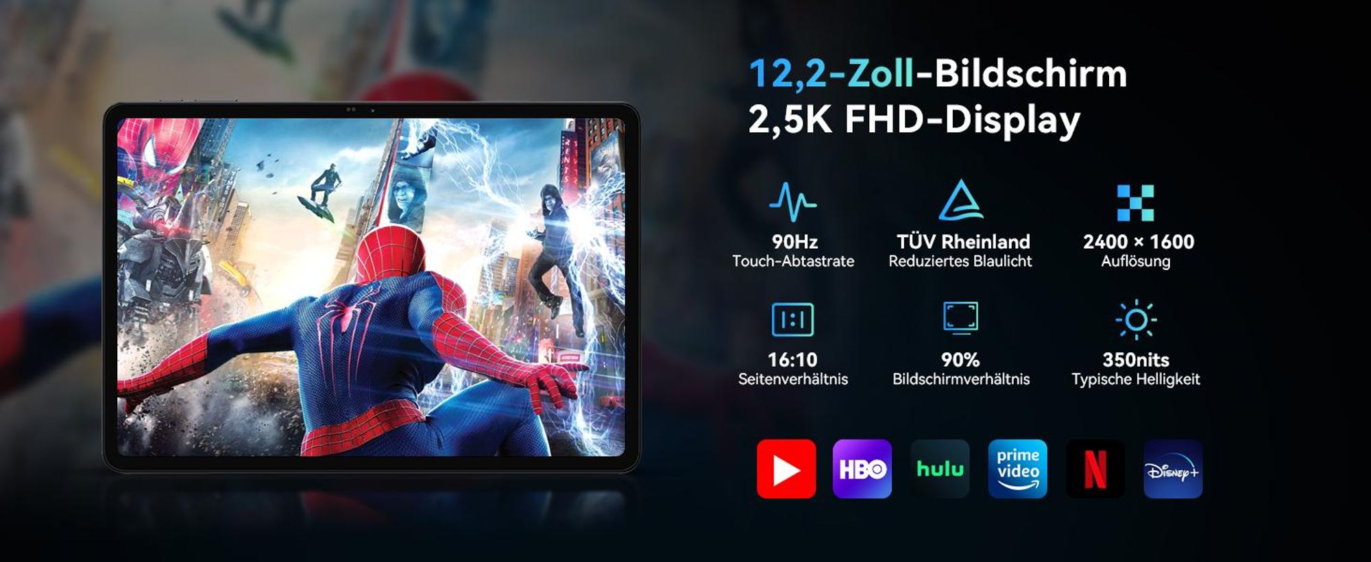 TABWEE T60 Android 16 Tablet, 12,2" 2,5K Display, 48GB RAM+256 GB ROM+ 2 TB TF erweiterbar, Octa-Core, 10.000 mAh und Gemini AI