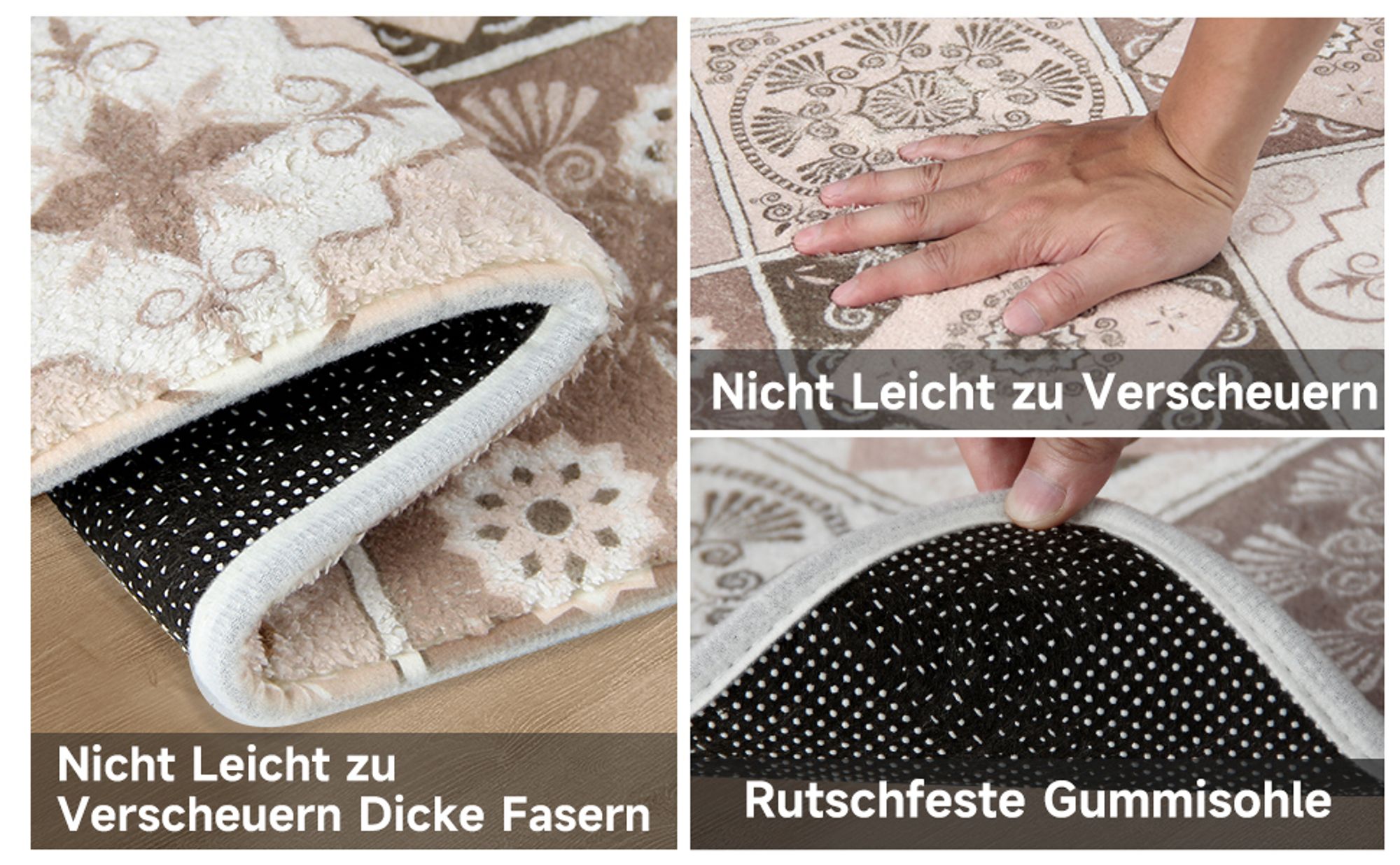 Badteppich Set 2 teilig Badematten Waschbar Badvorleger Teppich Läufer für Badezimmer Vintage Badvorleger Badezimmerteppich 50×160 cm+50×80 cm, Beige