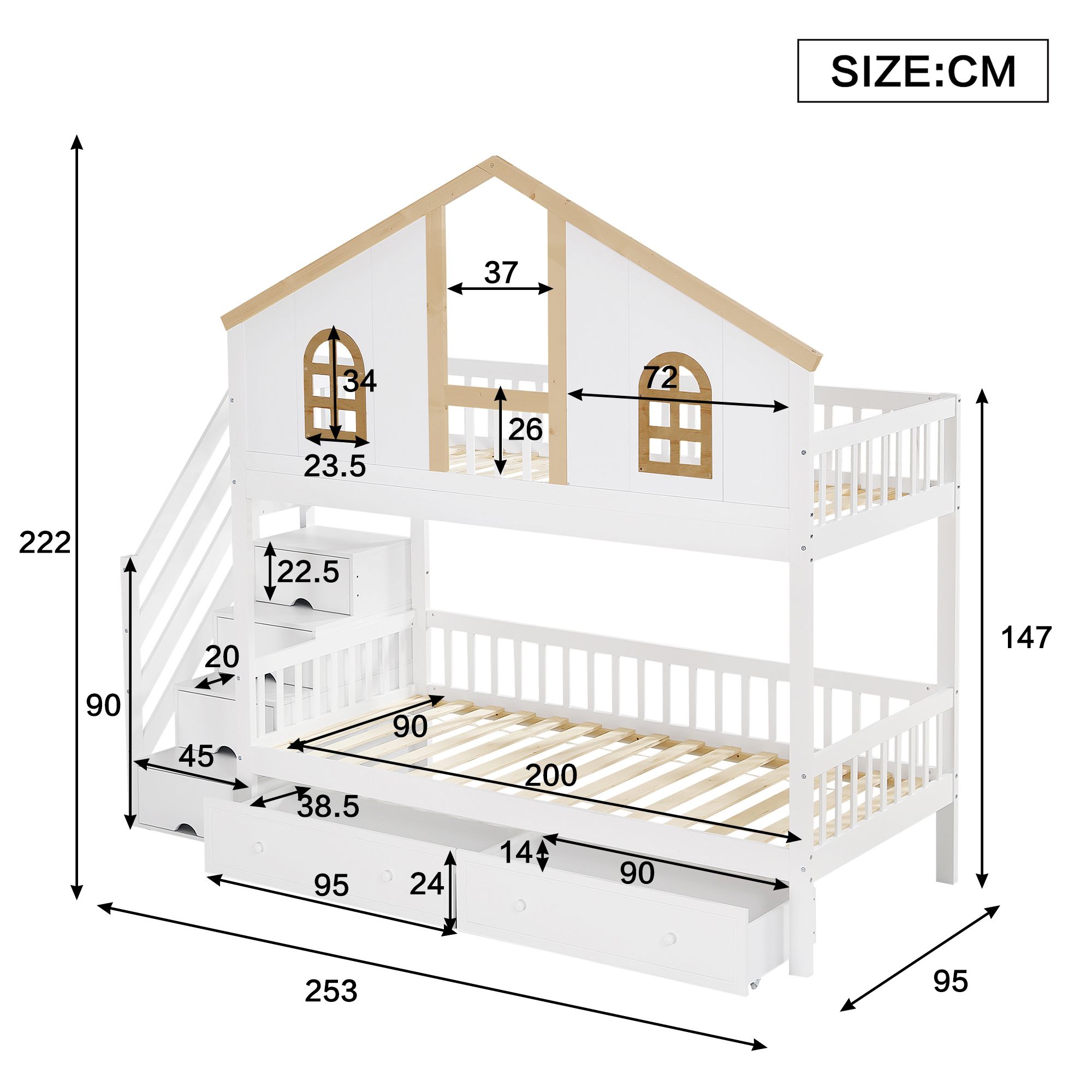 Flieks Etagenbett 90x200cm mit Schubladen, Kinderbett Hausbett mit Treppe, Stockbett Hochbett mit Rausfallschutz und Lattenrost, Einzelbett 2 Kinder
