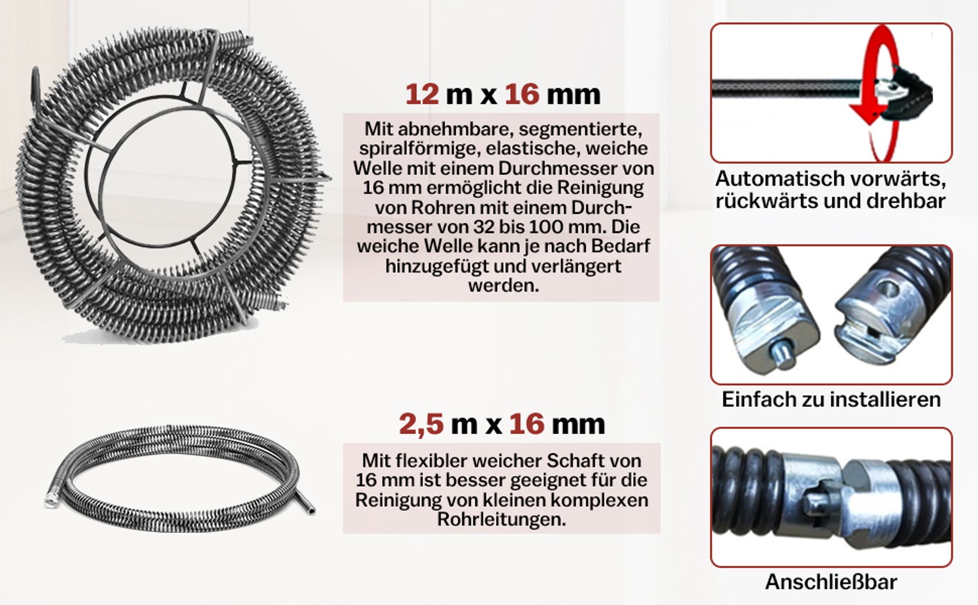 16mm 33M Spiralen Elektrische Rohrreinigungsmaschine 390W 450U/min für Ø20-100mm Spirale Ø8mm 10M, Rohrreinigungsgerät Rohrreiniger Abflussreiniger