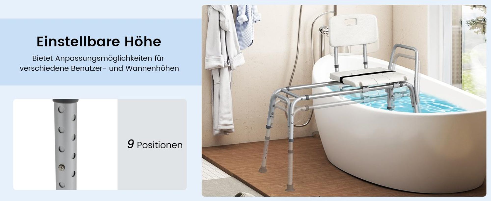 COSTWAY Rutschfeste Badewannen-Transferbank mit Höhenverstellung Extra-Breite Sitzfläche Rückenlehne Armlehne und Sicherheitsgurt 104x46,5x86-96 cm