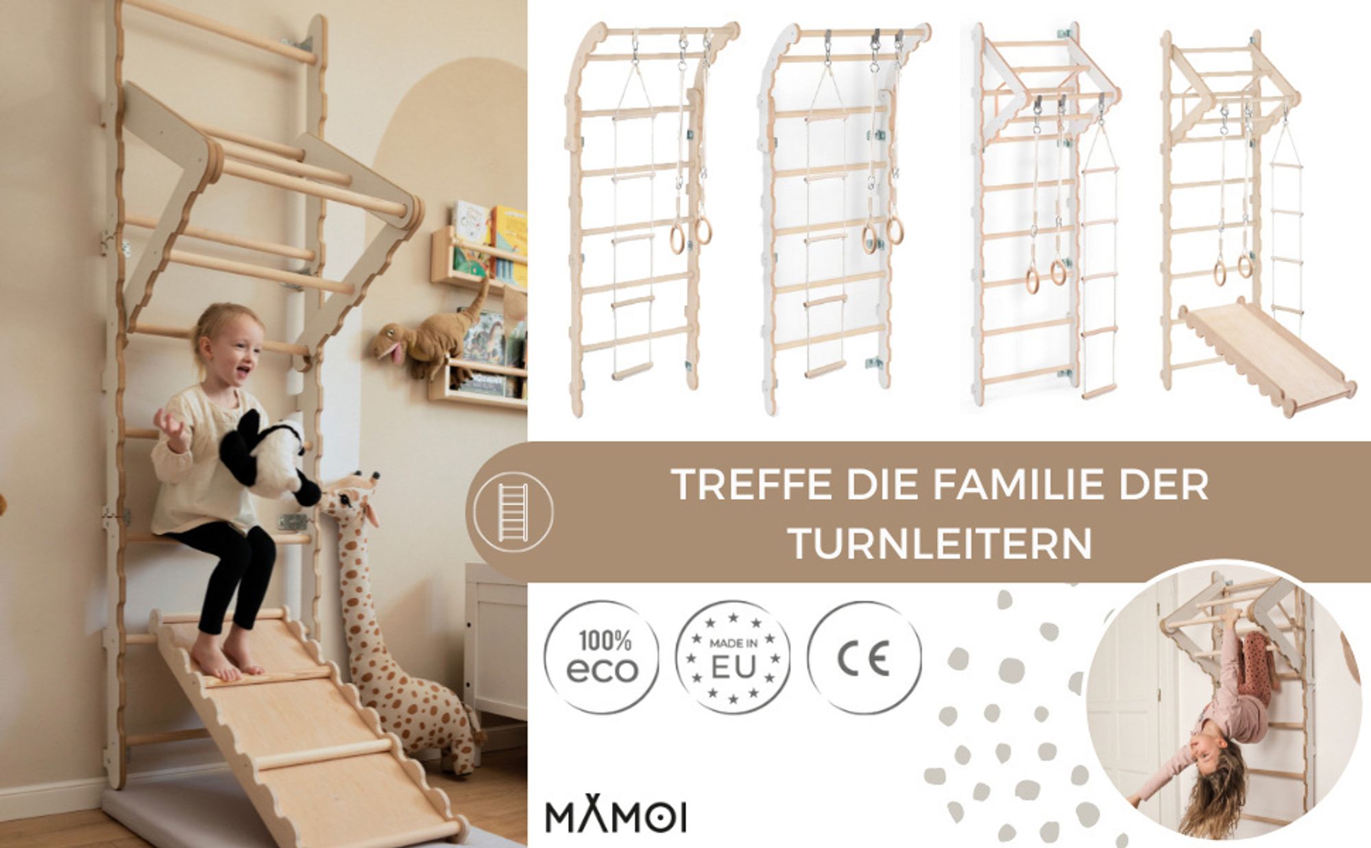 MAMOI® Klettergerüst Indoor, Sprossenwand für kinderzimmer, Turnringe kinder für klettern, Kletterwand und spielgeräte, Turngeräte mit Klimmzugstange