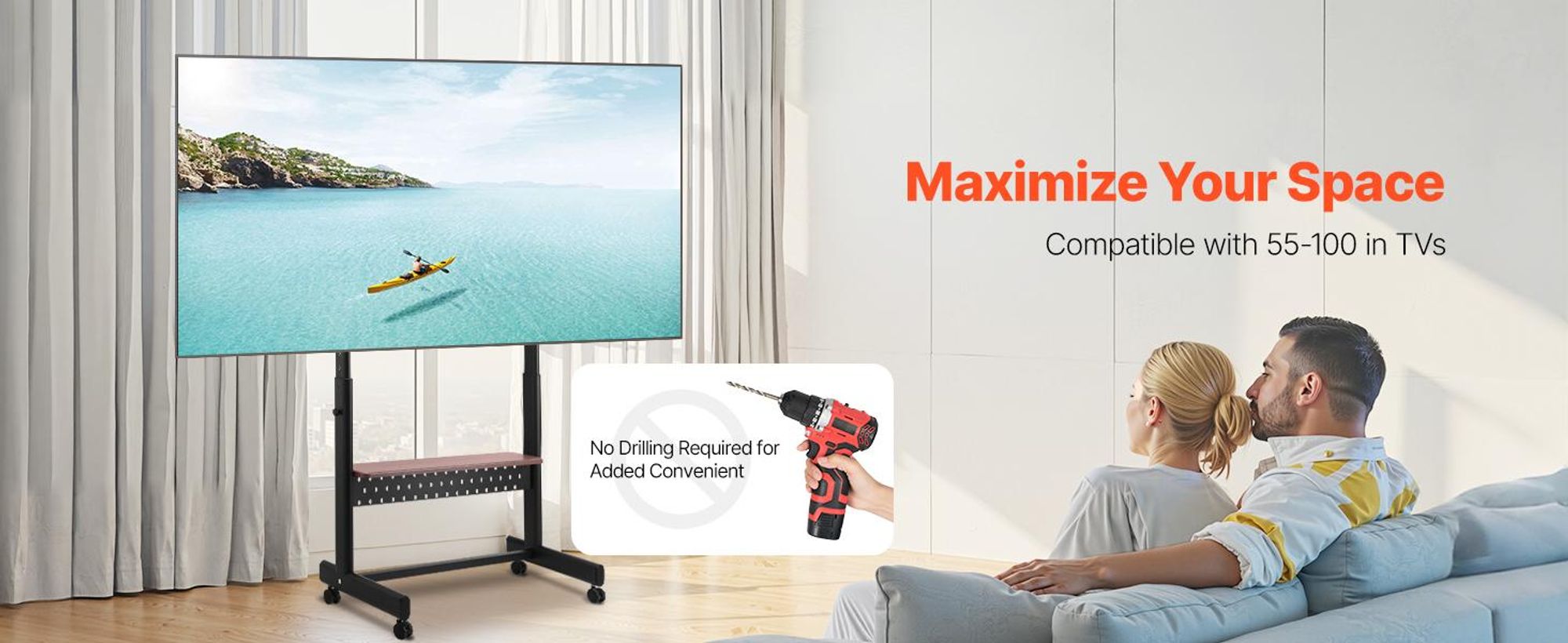 VEVOR Rollender TV-Ständer, Mobiler TV-Wagen für 35-100 Zoll LED/LCD/OLED Flach-/Curved-TVs, Tragbarer Monitorständer mit Rädern für bis zu 198 lbs für Wohnzimmer, Schlafzimmer, Büro, Außenbereich, Max VESA 800x600mm, 1-Layer Tray-b, 2 Halter-a