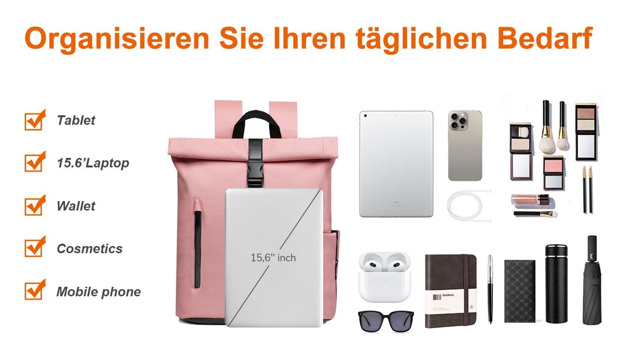 Damen Herren Rolltop Rucksack 25L, Groß Schulrucksack Wasserdicht mit 15,6 Zoll Laptopfach, Backpack für Job Radsport Reisen Freizeit Fahrrad, Rosa