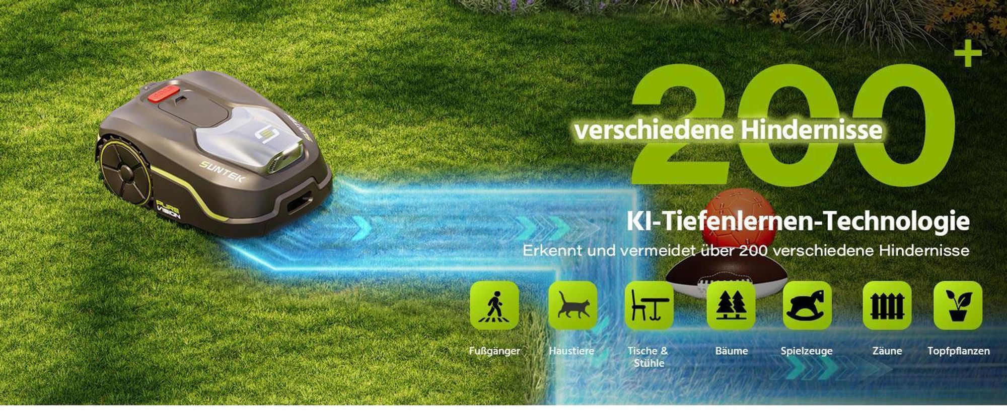 SUNTEK SRM2050 Mähroboter ohne Begrenzungskabel, KI Pure Vision Rasenmäher Roboter für 500 m² mit automatischer Kartierung,APP-Steuerung mit Garage