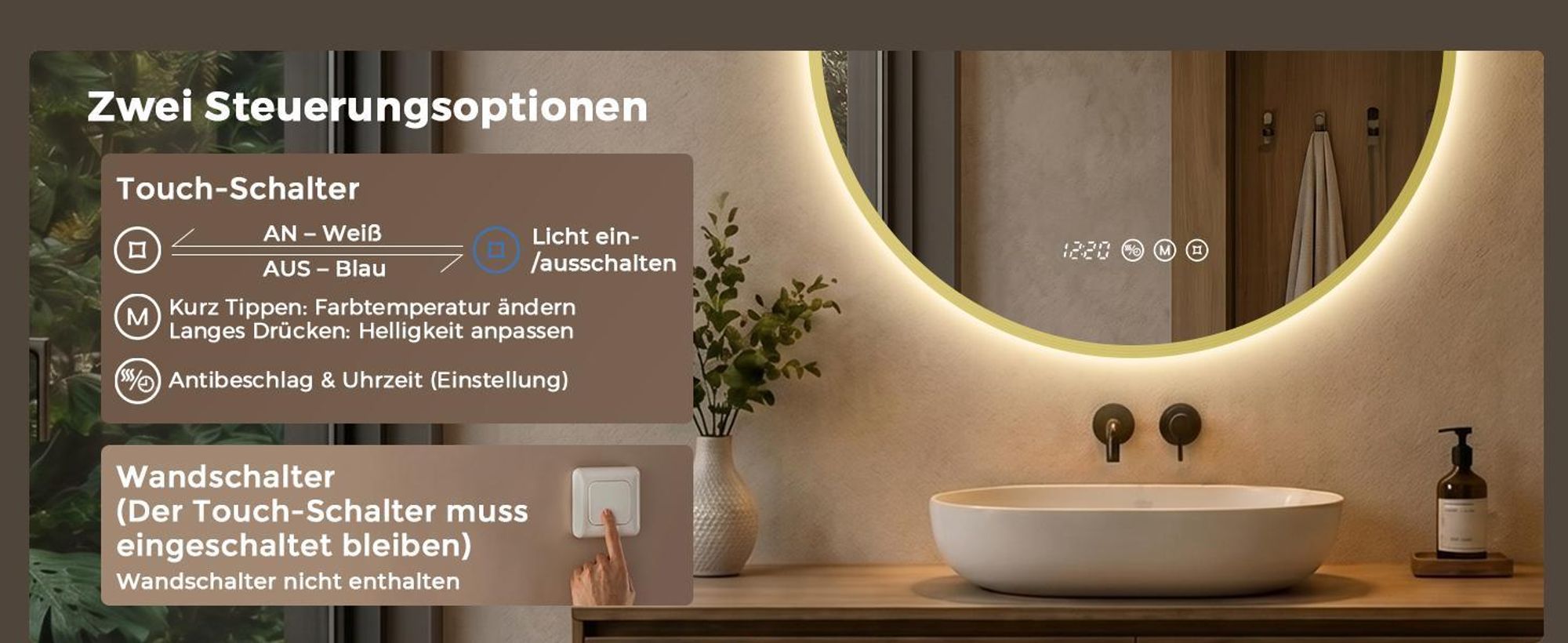 S'AFIELINA LED Badezimmerspiegel Rund Ø70 cm, Goldener Rahmen, 3 Lichtfarben, stufenlos dimmbar, Antibeschlag, Uhr & Temperaturanzeige, Memory