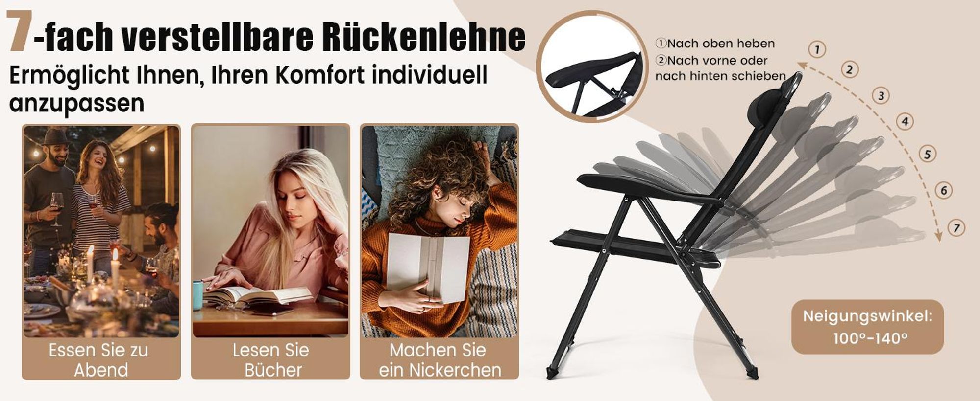 COSTWAY 2er Set Gartenstühle, Klappstühle mit Kopfstütze, klappbarer Outdoor-Stühle mit 7-Fach Verstellbarer Rückenlehne, Hochlehne, atmungsaktiv, für Garten, Terrasse, Hinterhof (Grau)