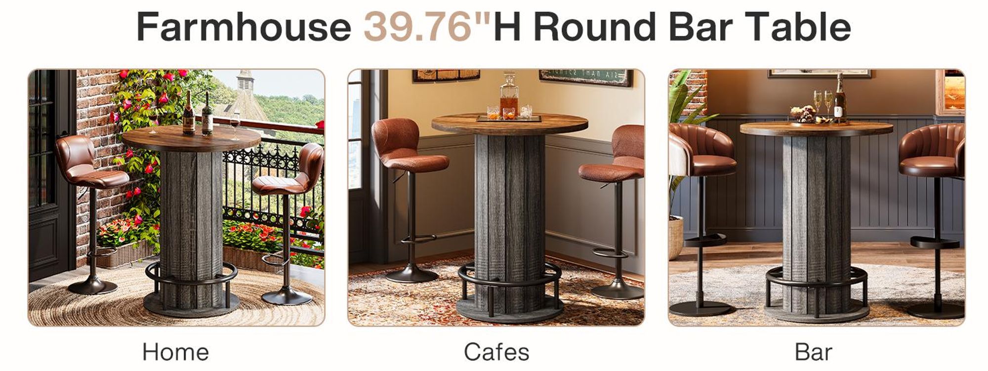 Tribesigns Runder Bartisch, 100 cm hoch, Bistrotisch aus Holz mit Metallring-Fußstütze für Essbereich, Kaffeebar, Cocktailbar, Wohnzimmer,Braun & Grau