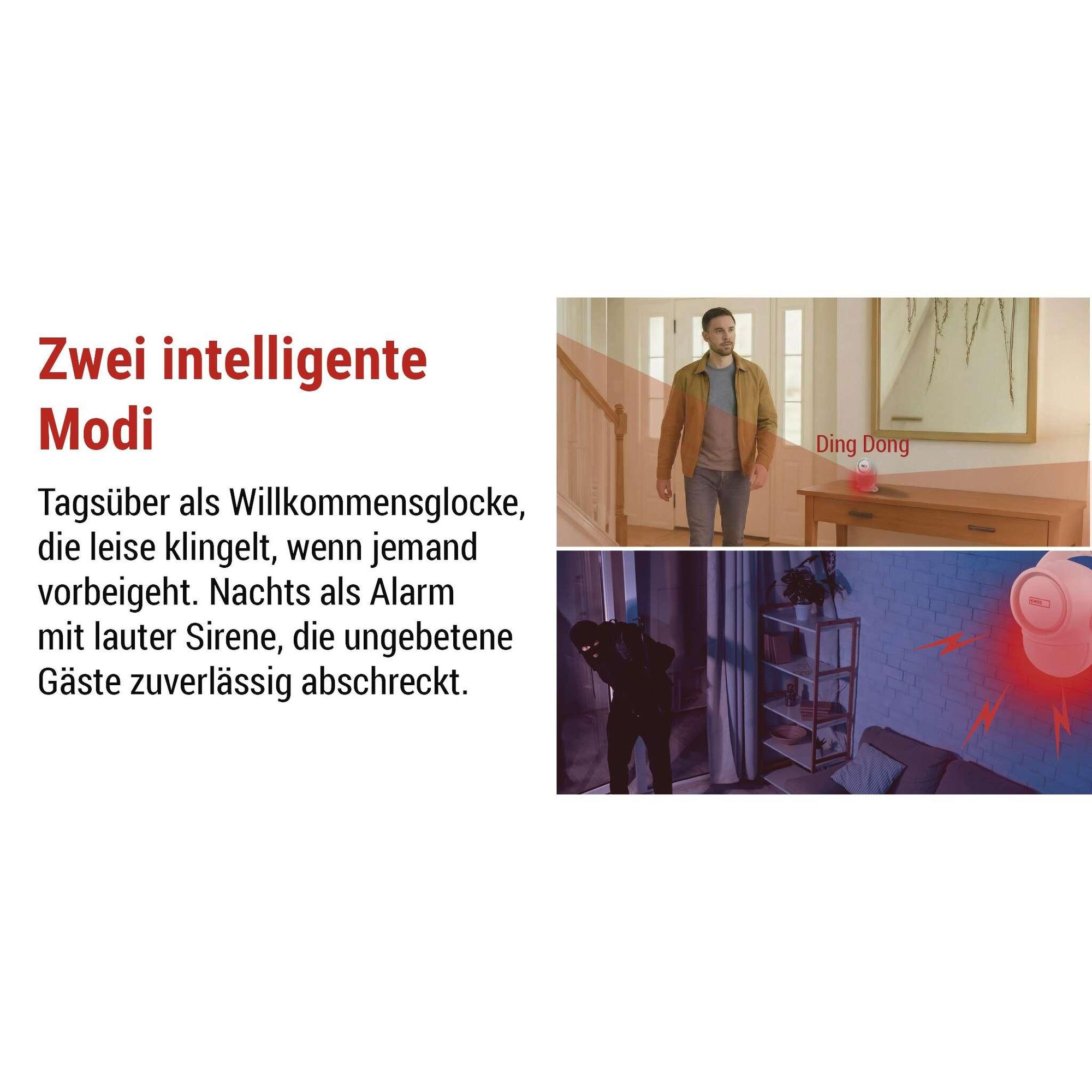 EMOS GoSmart PIR Bewegungsmelder-Alarm mit 125 dB Sirene und App, Dual-Betrieb, 2x Fernbedienung und 6x Türsensor, Tuya, 2,4 GHz WiFI, weiß, H5030