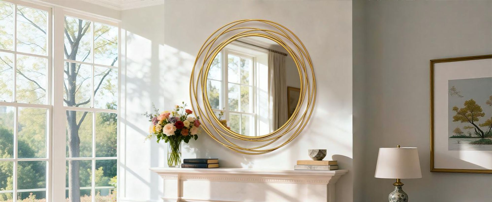 WISFOR Wandspiegel rund Gold 80 cm, Dekospiegel mit kunstvollem Metallrahmen für Wohnzimmer und Flur
