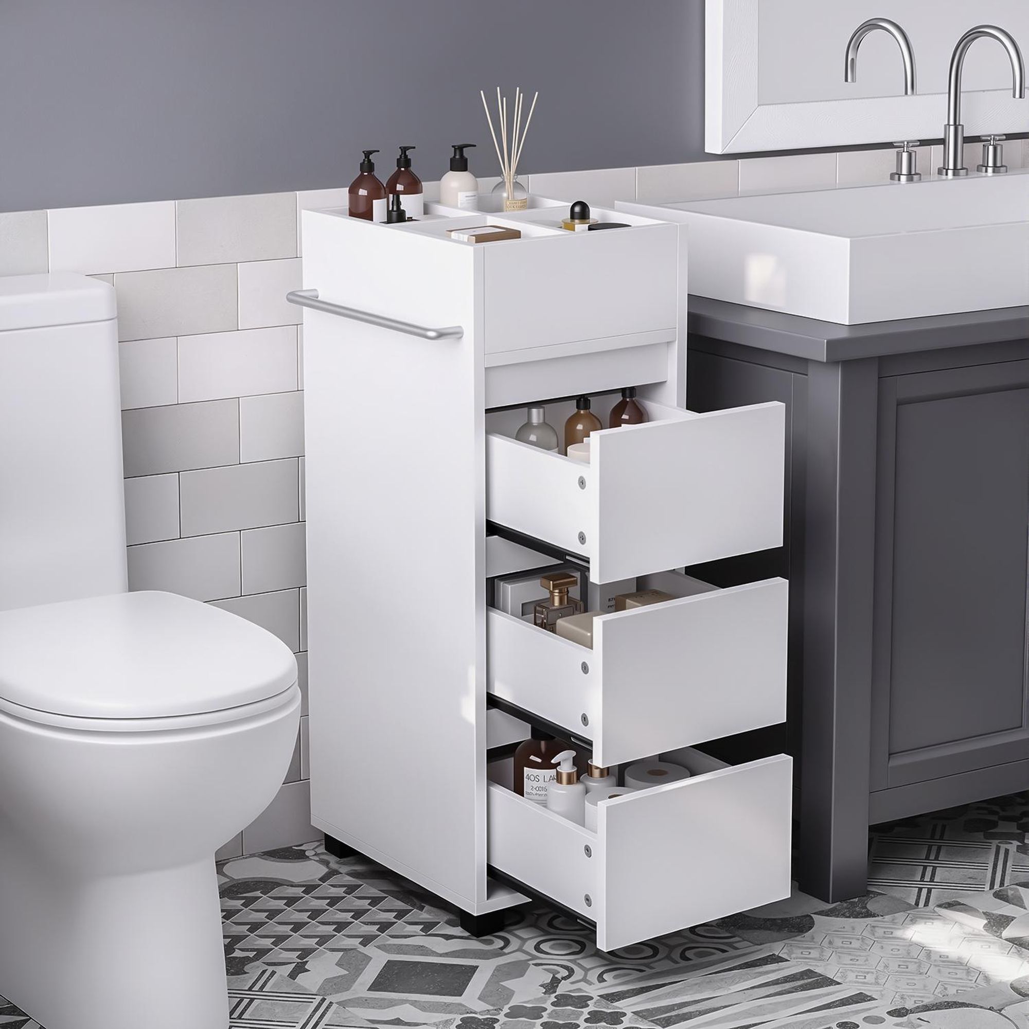 OYAJIA Badezimmerschrank Schmaler Badschrank & Toilettenschrank mit 3 Schubladen, 4 Fächern & Handtuchhalter |Kommode für kleine Räume&Nischen |Weiß