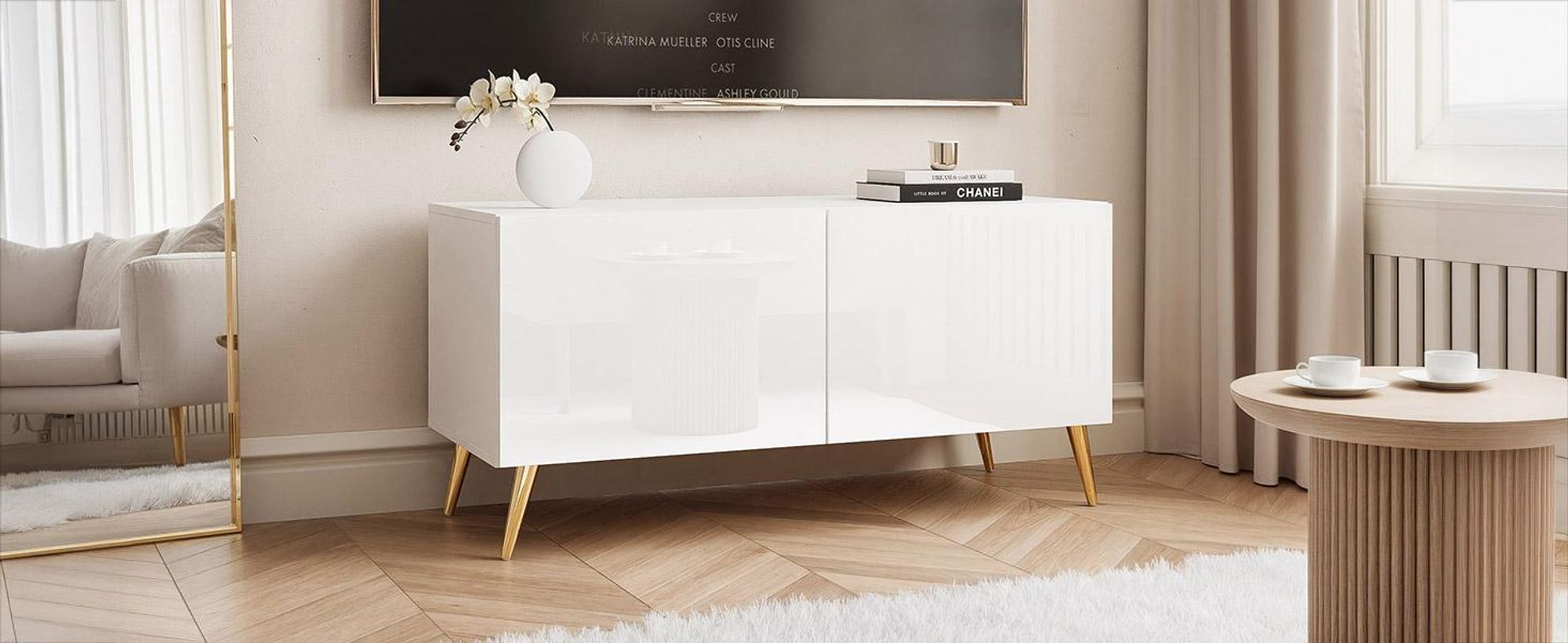 Idohome TV Lowboard Angel 100 cm Weiß Hochglanz – Schrank mit LED-Beleuchtung, Fernsehschrank auf goldfarbenen Metallbeinen, Medienmöbel, Push to Open